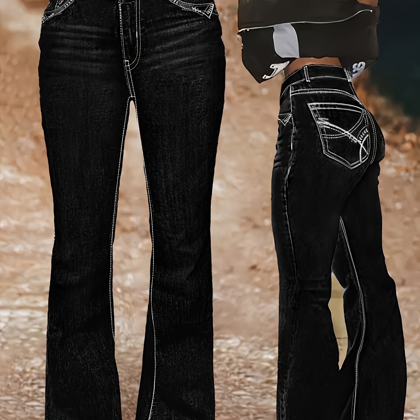Image of Women's High-waisted Slim-fit Bell-bottom Jeans With Back Pocket Embroidery - Stretch Black Pants, Button Closure For A Prolonged Length, Elegant Casual Wear