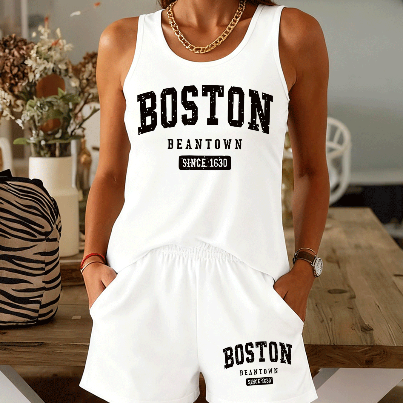 TEMU Ensemble d'été à thème Boston Vintage pour Femmes - Gilet et Shorts Style Américain BOSTON Multicolore, Tenue Décontractée Pièces, Vêtement
