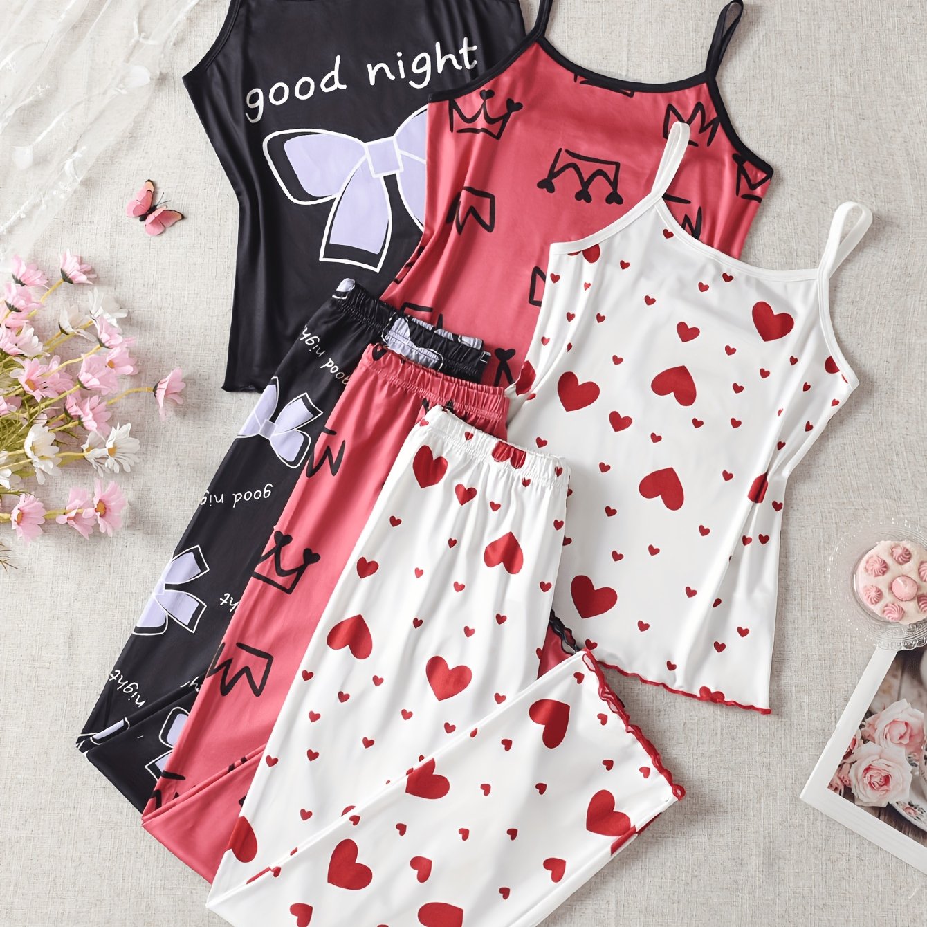 Random 2pcs Set 2025 Trend Bow Tie Crown Heart Print Pajamas Set Casual Comfortable Lightweight Home Clothes Camisole Trousers 2 Set, For Teenager