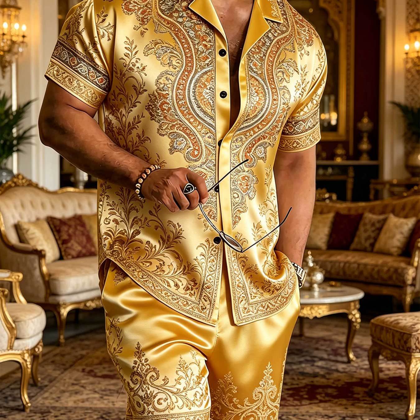 2pcs Set: Plus-size Men's Button- Short-sleeve Shirt And Shorts Set-breathable And Comfortable Perfect For And Occasions. Gift For , Plus Size