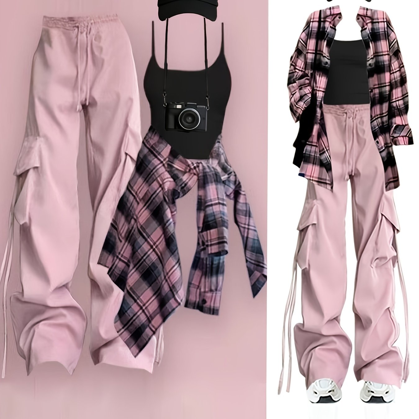 TEMU Women Streetwear 3pcs Sets Y2k Outfits Loose Casual Vintage Long Sleeve Sunscreen Shirts, Sling Basic Vest, And High Waist Wide Leg Cargo Pants