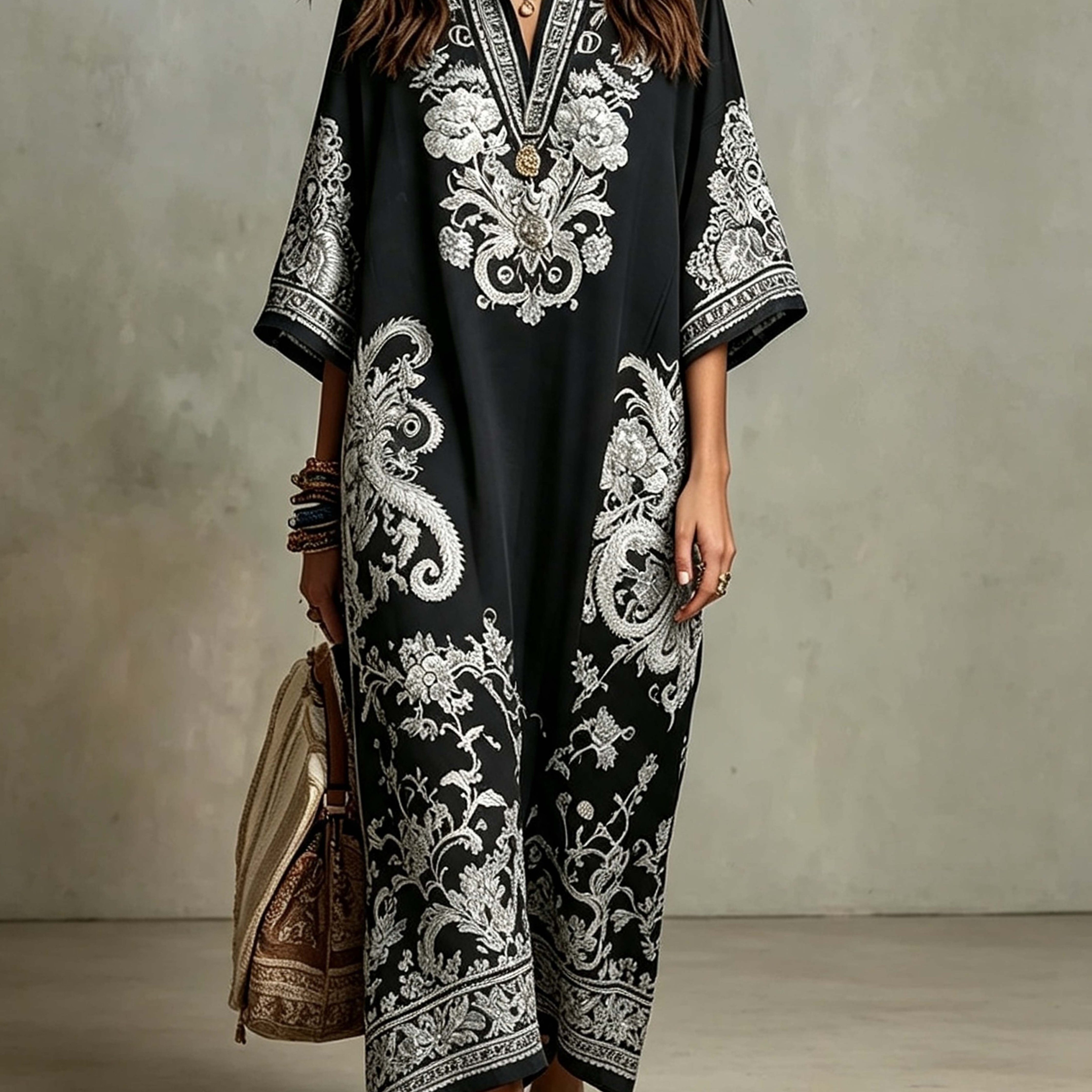Plus Size, New Arrival Women Lapel Half V-neck Three-quarter Sleeve Maxi Dress, Heavy-duty Print Of Silvery Phoenix And Peony Classical Patterns Base, Lazy Relaxed Vibe, High-end Style, Light Luxury