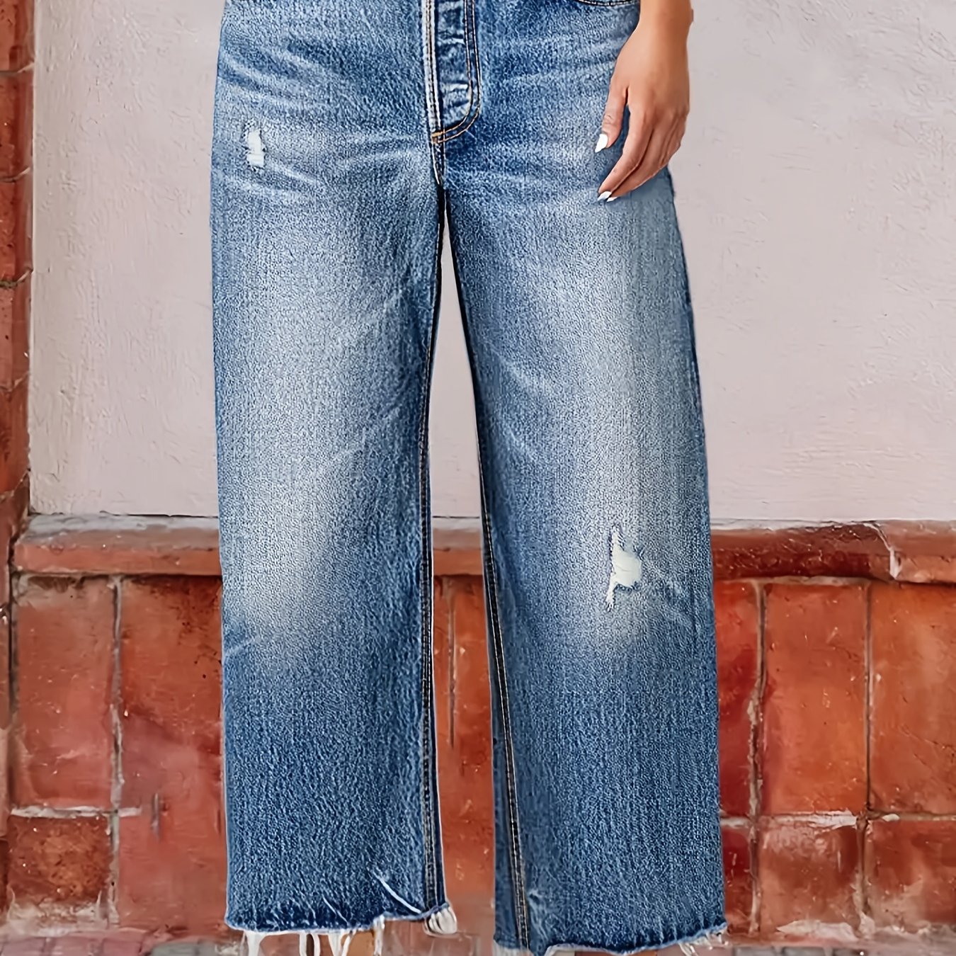 D8871# Plus Size Stretch Distressed Hem Mid-rise Straight Ankle Jeans