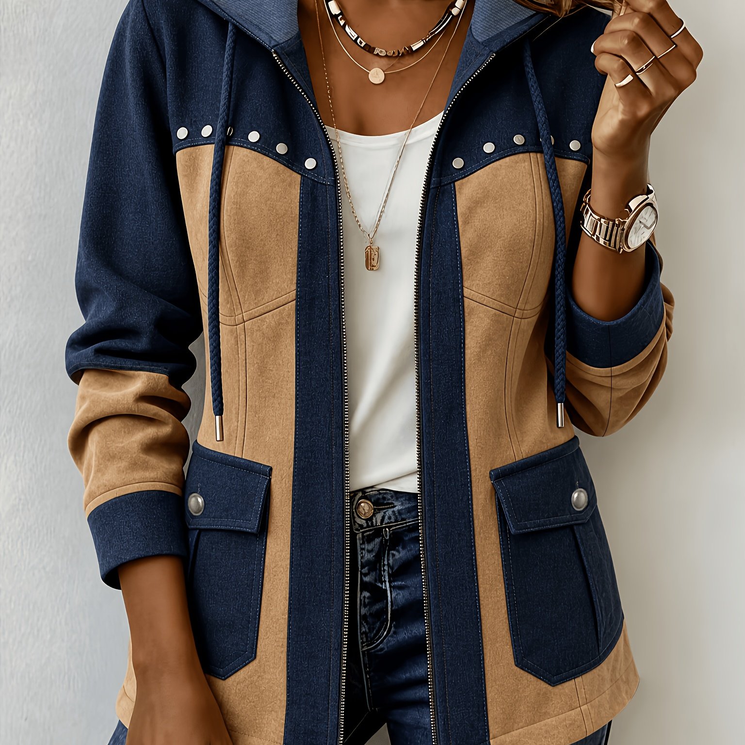 TEMU Women's Color-block Hooded Jacket With Rivet-embellished Zipper, Long Sleeves, And Pockets, Loose Casual Outerwear For Fall