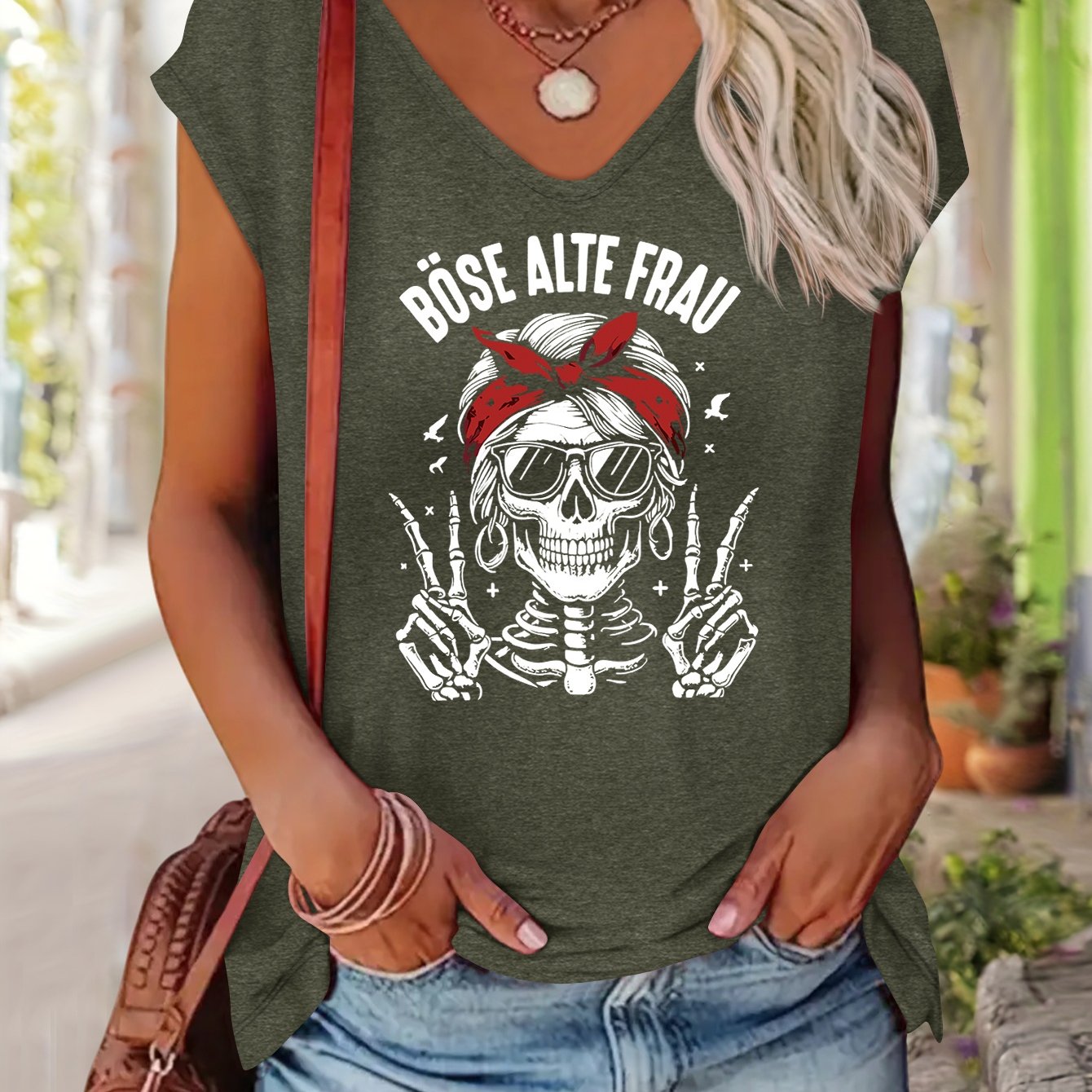TEMU A Casual And Comfortable Short-sleeve V-neck T-shirt For Women Featuring A Skull Print With A Bow, Designed In A Easy European And