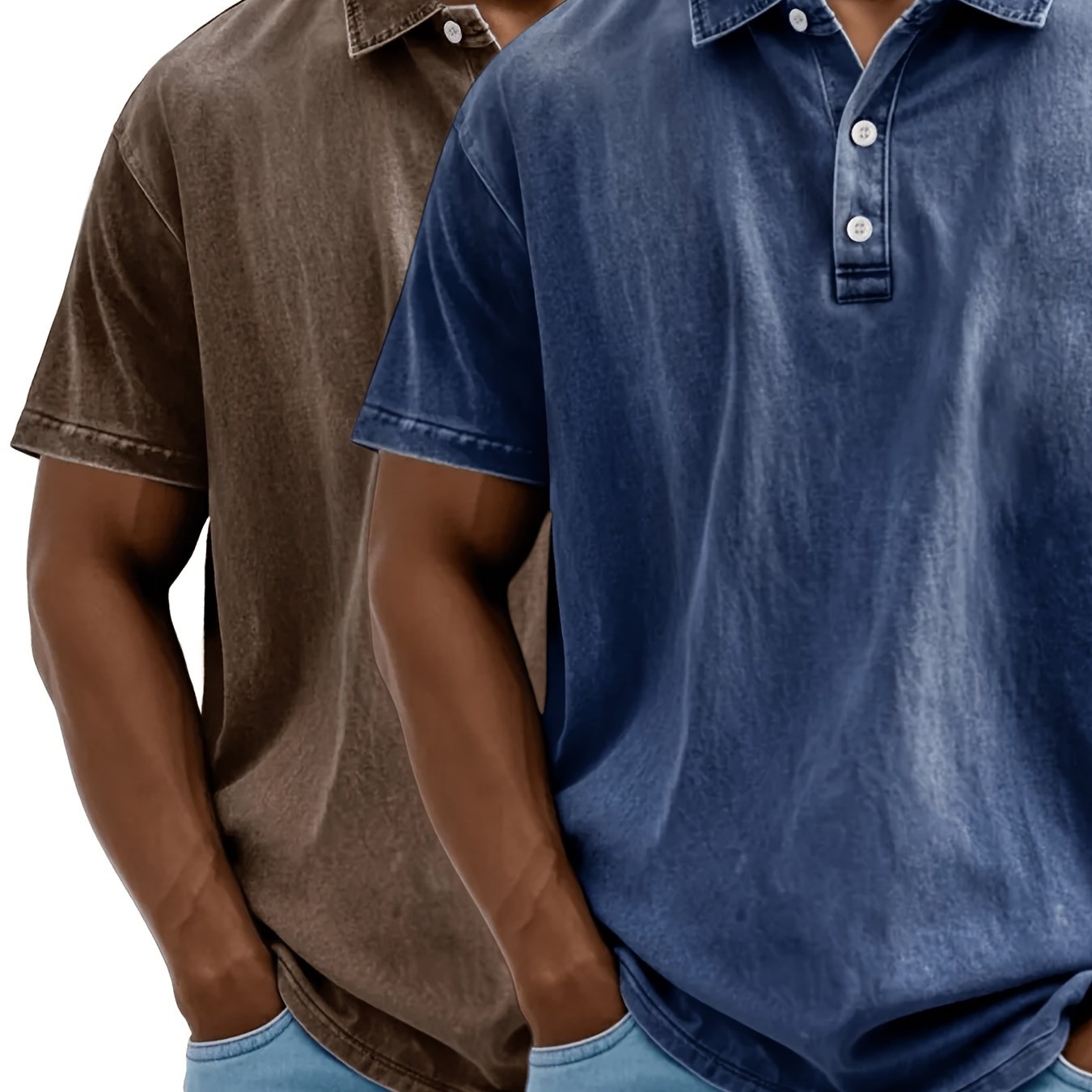 Image of 2pcs 2026 Men's Vintage Washed 100% Casual Versatile Short-sleeve Button-front Collar T-shirts; Men's Casual Sport Shirts, Vintage Distressed Design Men's Retro Washed Denim T-shirts Plus Size