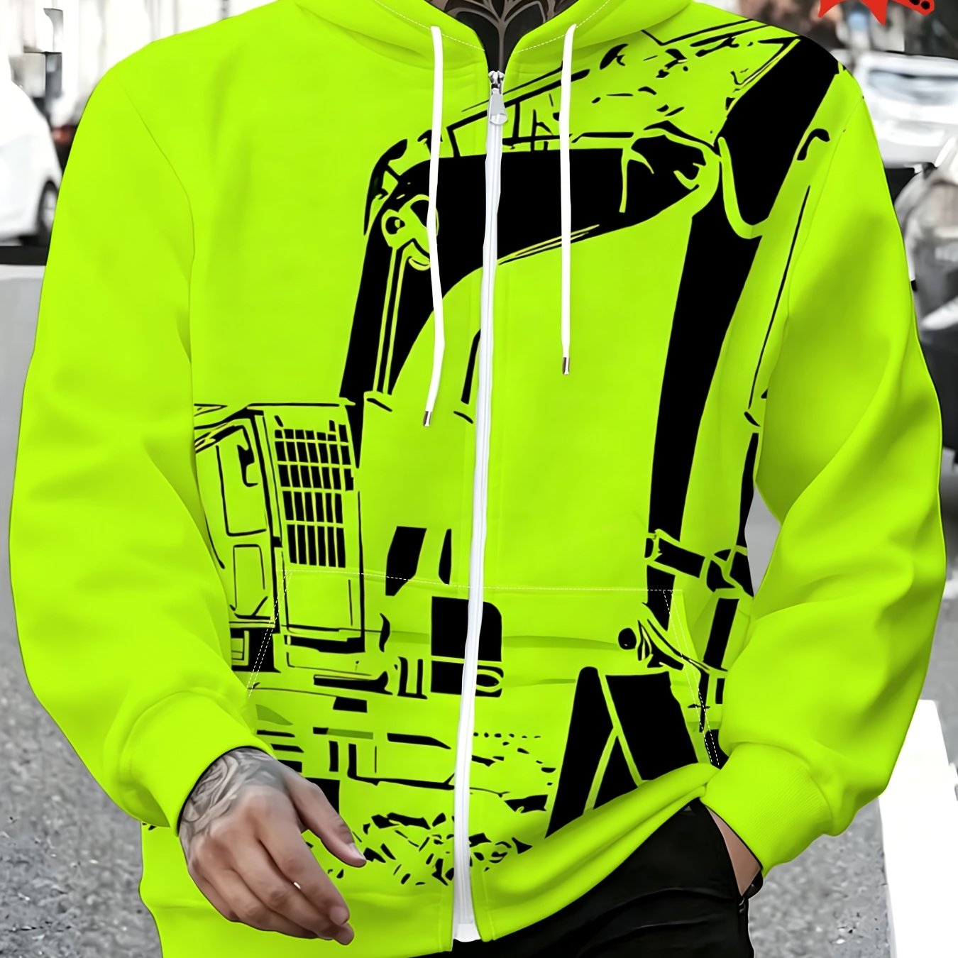 TEMU Men's Hooded Jacket, Mixed Colors, Multi-sizes , Polyester Fabric, Excavator Design, Gift For Husbands And Fathers, Suitable For Sports And