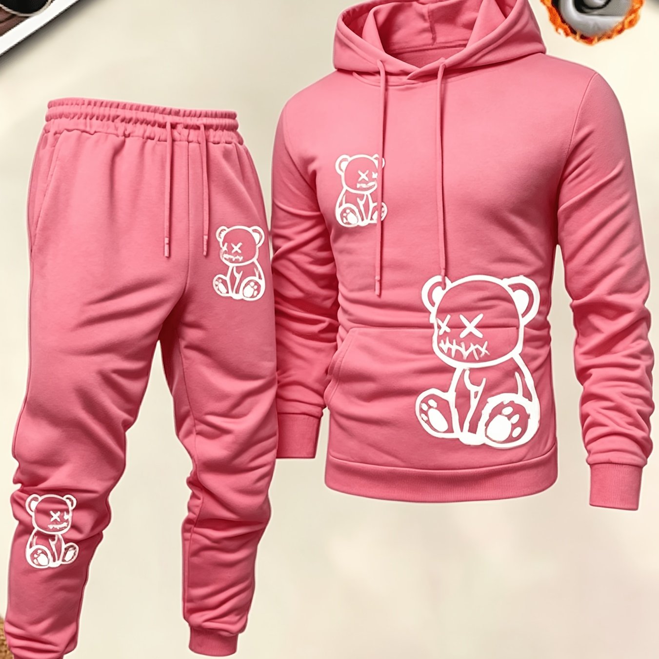 TEMU 2026 New Arrivals, Print With "easy-line Bear" Graphic, Men's Heavyweight 250g Fleece-lined Sweatshirt And Sweatpants, 2pcs Tracksuit Set.