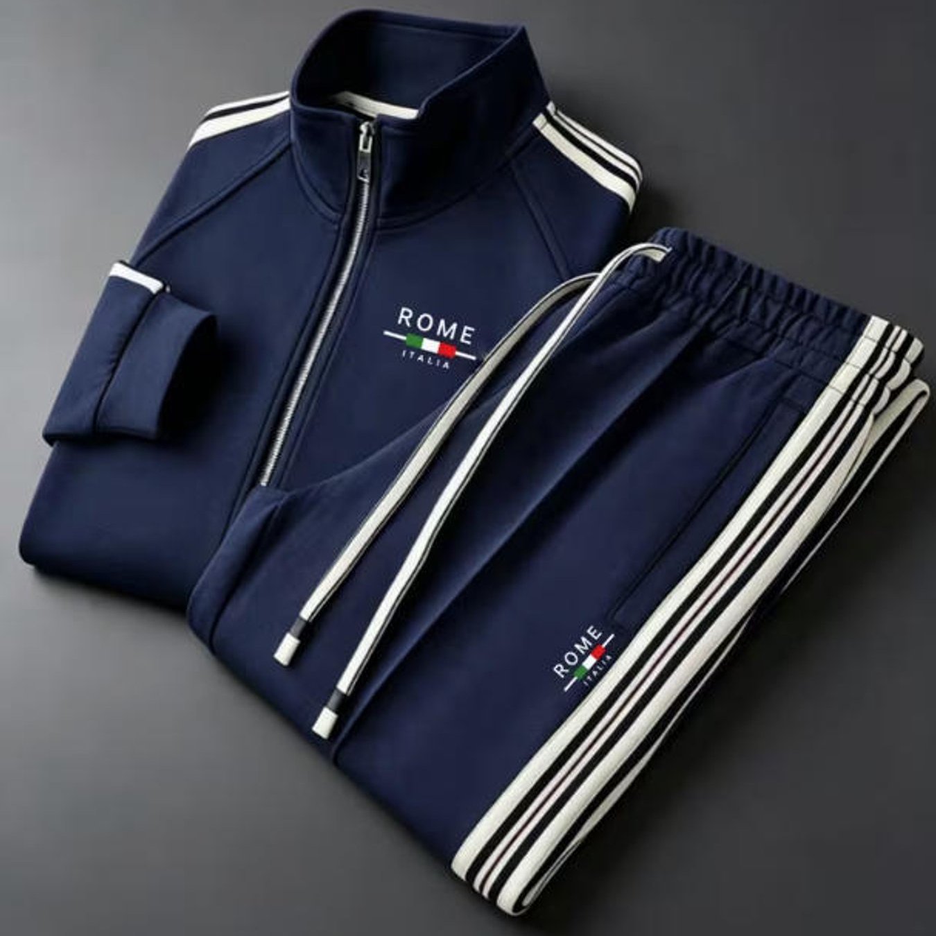 Image of Stand Collar Street Style Trendy Italy Rome Graphic 2pcs Tracksuit Men's Fashion Large Size Men's Sportswear Casual Wear Holiday Gift Adult Men Daily Wear, Plus Size