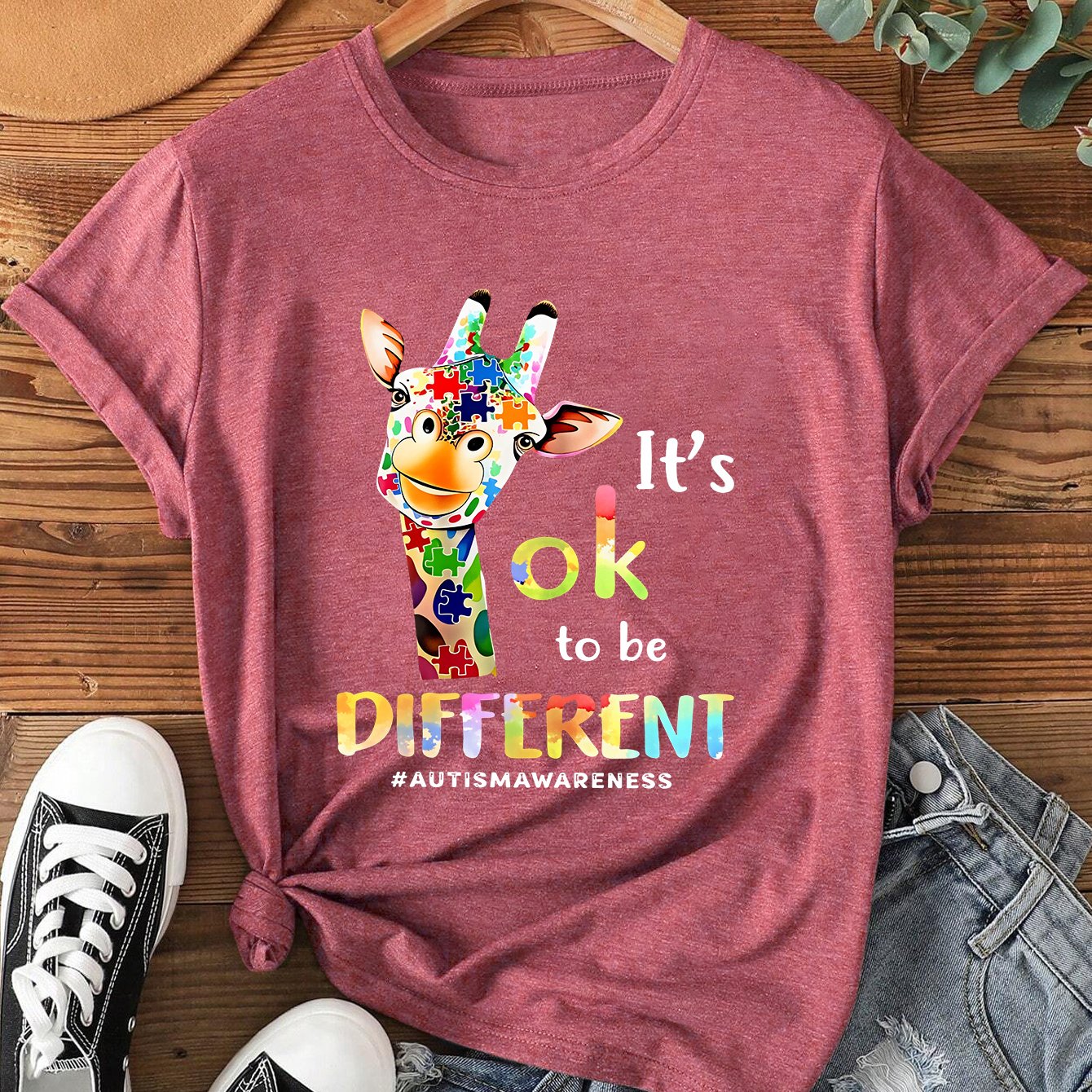 TEMU Outdoor Sports Picnic Casual T-shirt, Autism Awareness Giraffe Ok To Print, Round Neck Daily Casual Fashion Retro Style, Women's Spring Summer