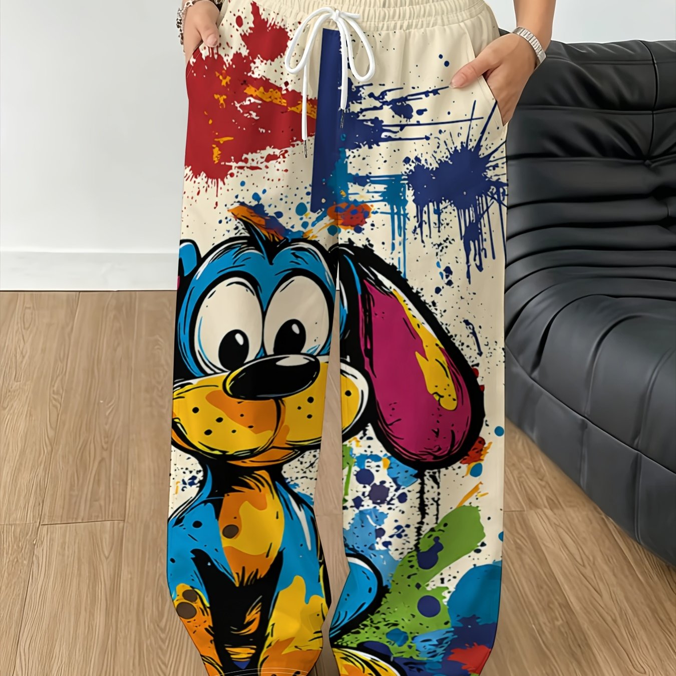 TEMU Women's Wide-leg Pants With Ink Splatter Print - Elastic Drawstring Waist Straight Leg Trousers, Full-length Length For Outdoor S, Casual Wear &