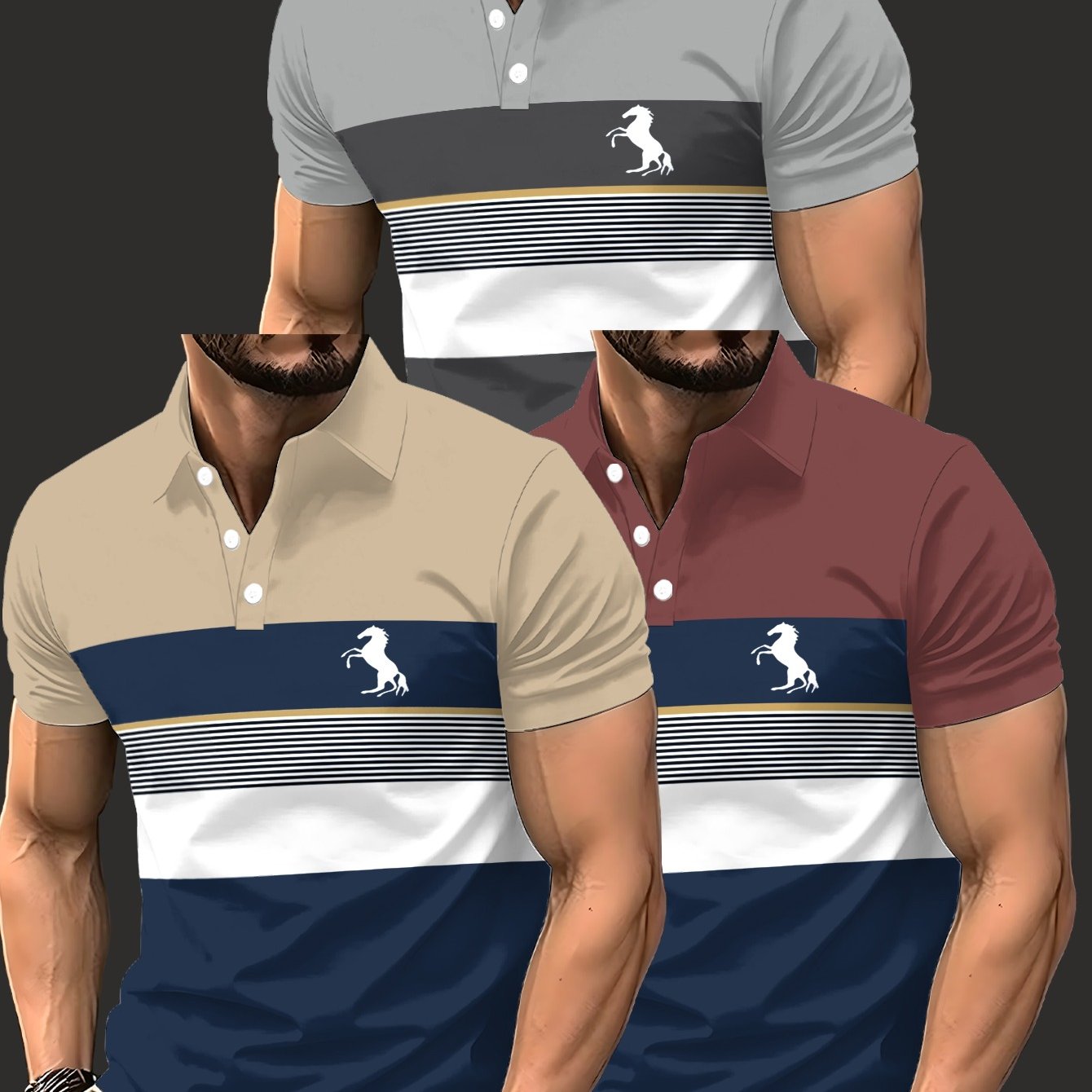 TEMU 3-pc Men's Short Sleeve Shirts Summer Casual Shirts For Outdoor, Beach Street Wear Lightweight, Breathable Design In Beige, Burgundy, Gray