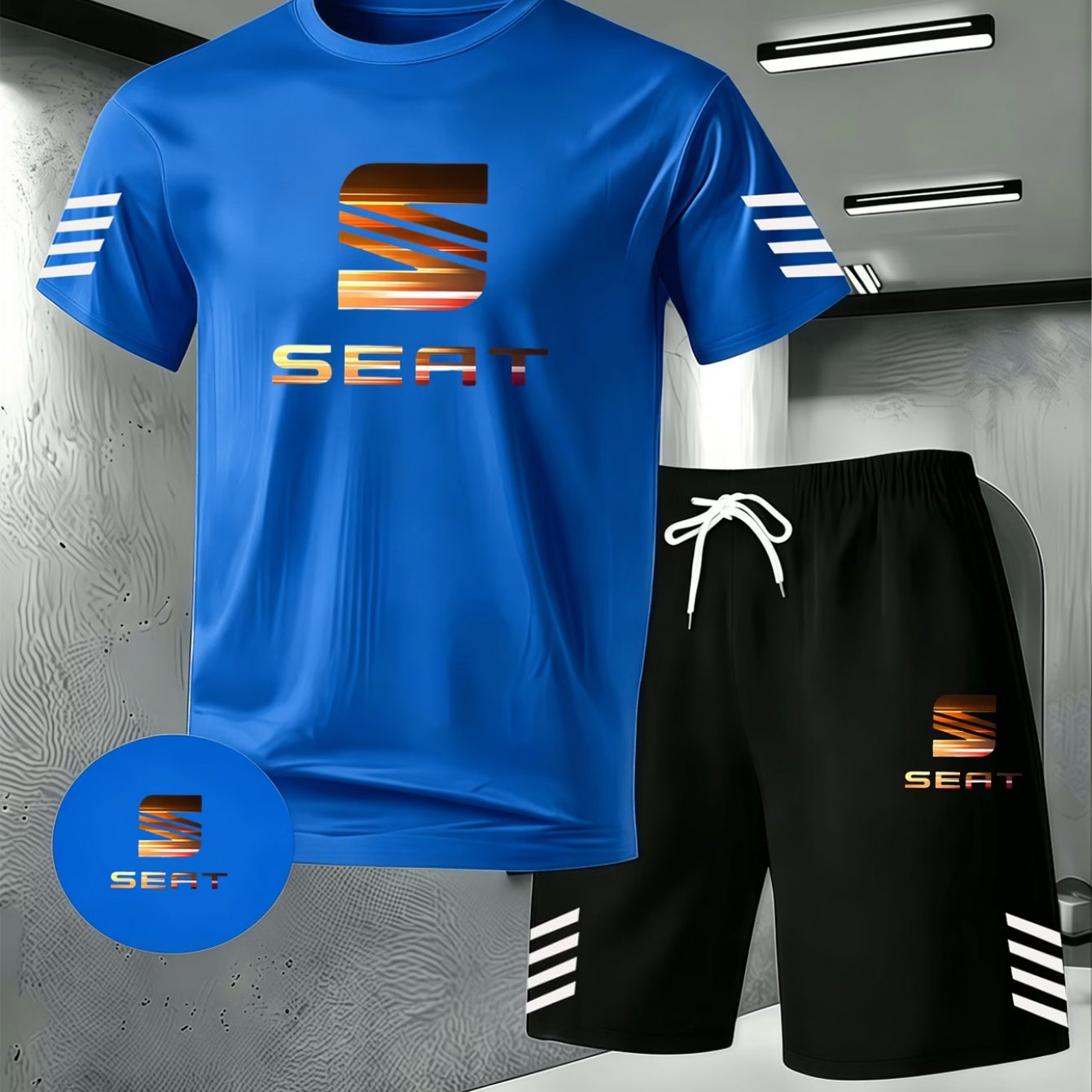 TEMU Seat Gradient Letter Print Quick- Set | Men's Biker Style Short Sleeve And Drawstring Shorts 2pcs Set | Trendy Individual Athletic Wear
