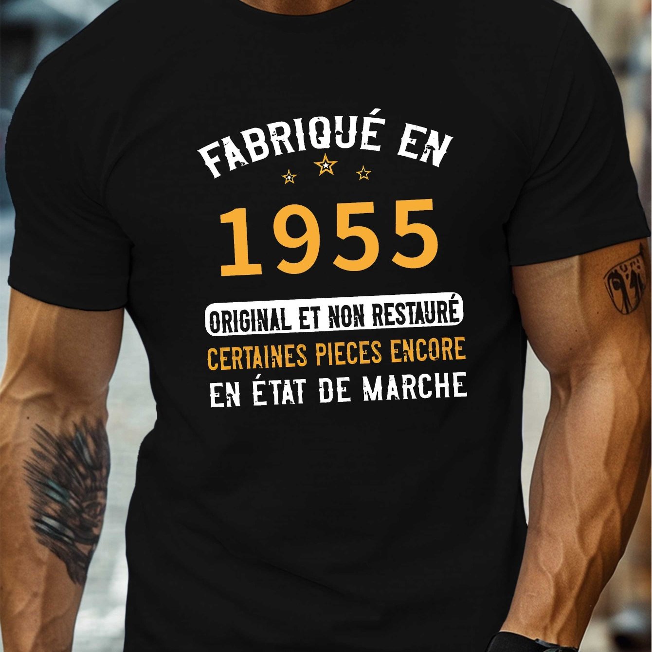 TEMU T-shirt vintage français 1955 pour homme - Col rond décontracté, manches courtes, haut d'été léger avec impression "FABRIQUE EN 1955" et