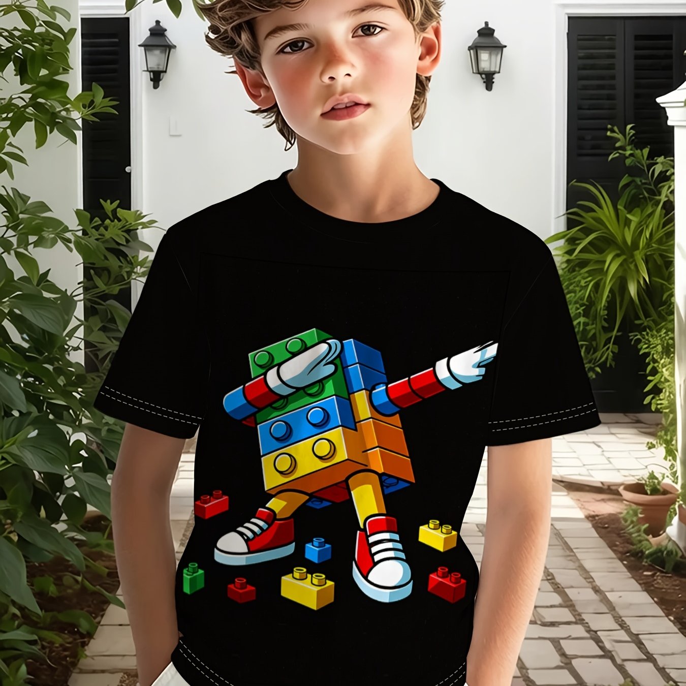 TEMU 1 Boys' Outdoor Casual Sports Round Neck Short Sleeve T-shirt, Creative Building Block Cartoon 3d Printed T-shirt, Comfortable And Breathable