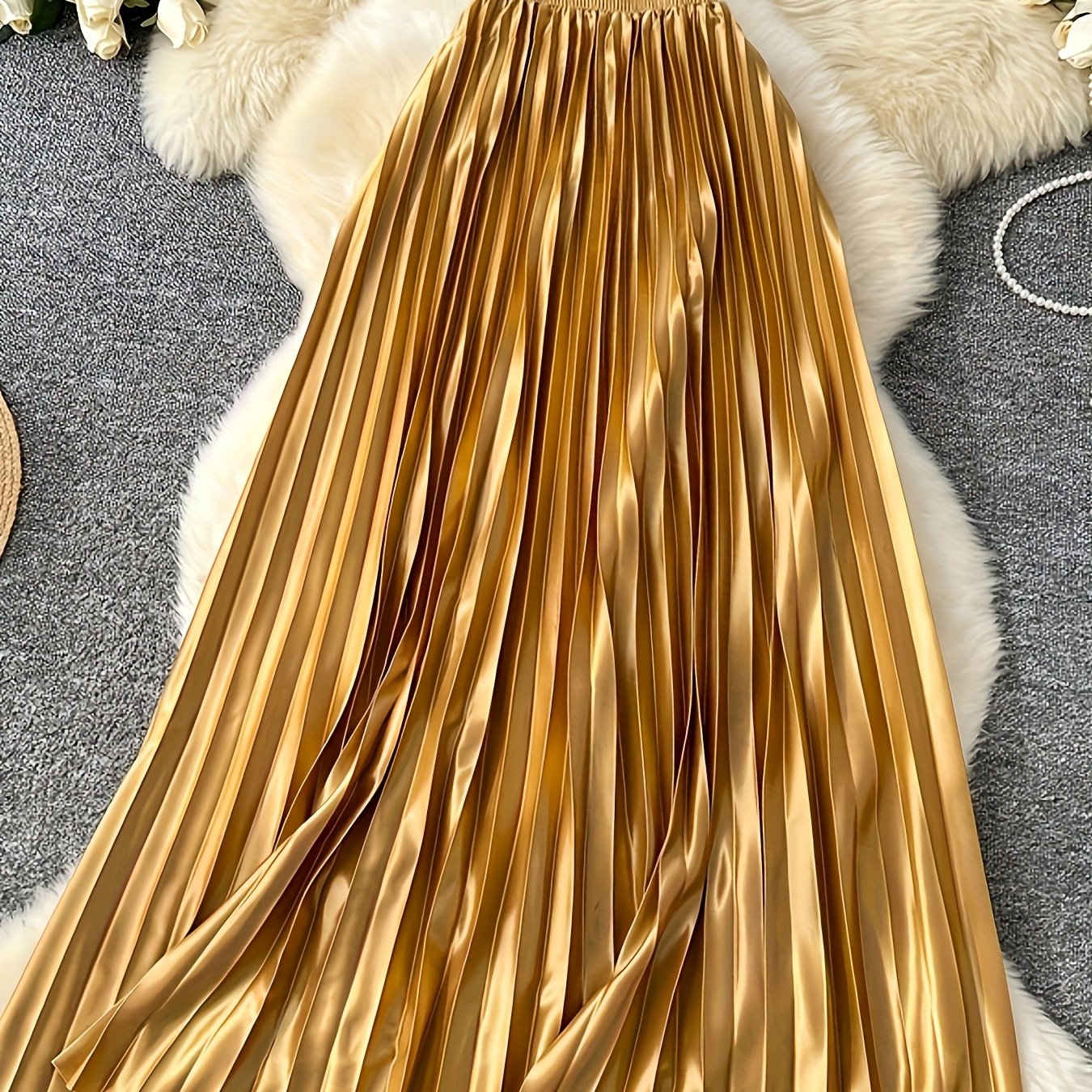 Image of Women's Elegant Golden Metallic Pleated Midi Skirt - A-line Flared Design With Elastic Waistband, Machine Washable Versatile Skirt For Casual & Formal Outfits