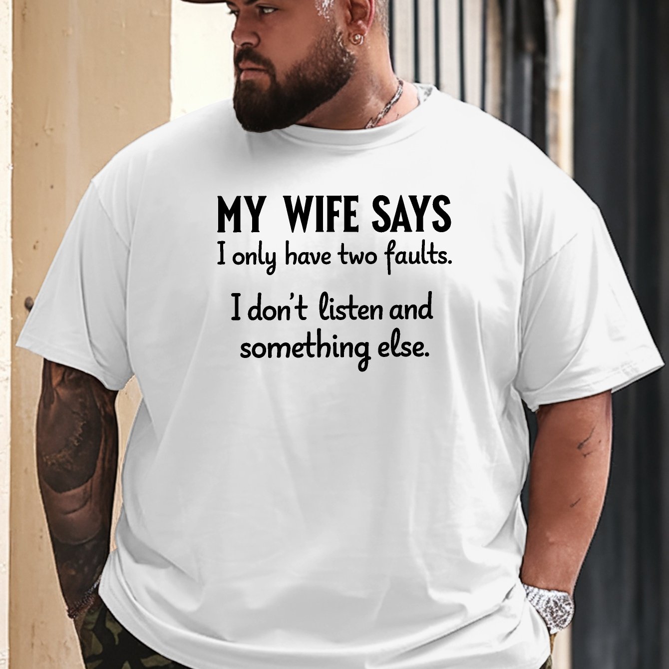 TEMU Men's Funny Marriage Humor T-shirt - Oversized Big & Tall Short Sleeve Tee With "my Wife I Only Have 2 Faults" Print, Breathable Round Neck