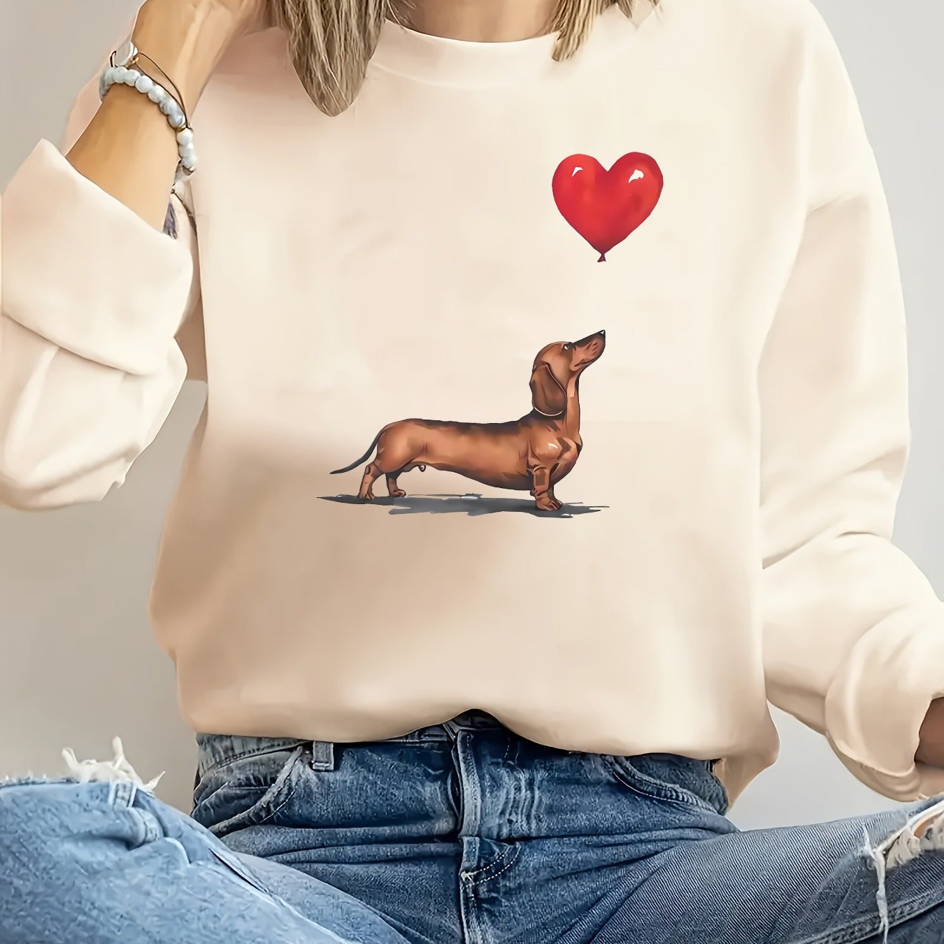 TEMU 1pc Women's Casual Christmas Cartoon Dachshund Dog With Heart Balloon Print Crew Neck Pullover Sweatshirt, 100% Polyester Knit Fabric With