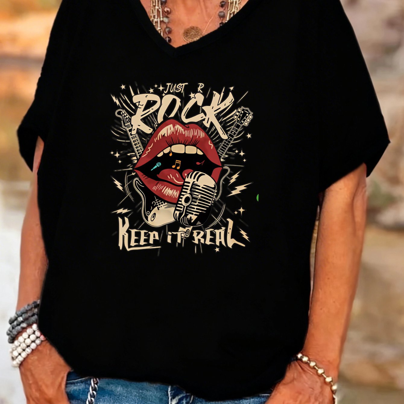 TEMU Plus Size Women, Rock Style, T-shirt, Graphic Lips And Microphone Design, Soft Fabric, Casual Wear For Music Lovers, 1pc Per Package