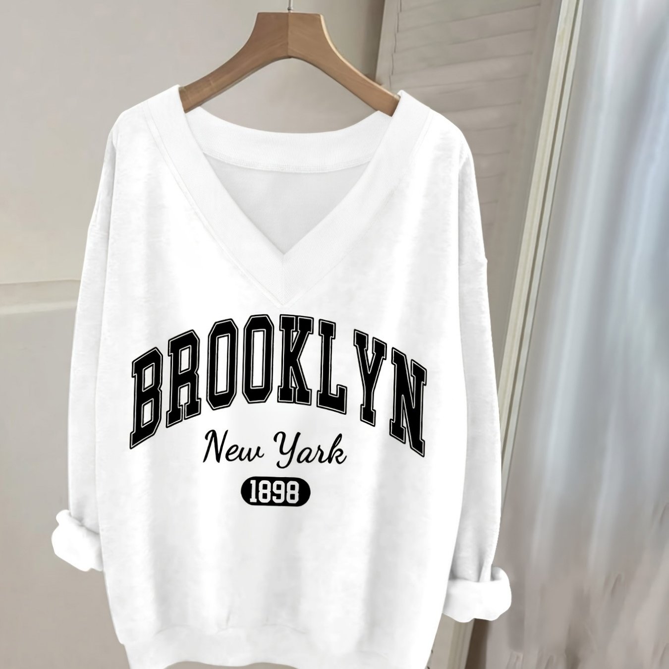 TEMU A Casual Long-sleeve V-neck Sweatshirt With Letter Prints, Women's Clothing.