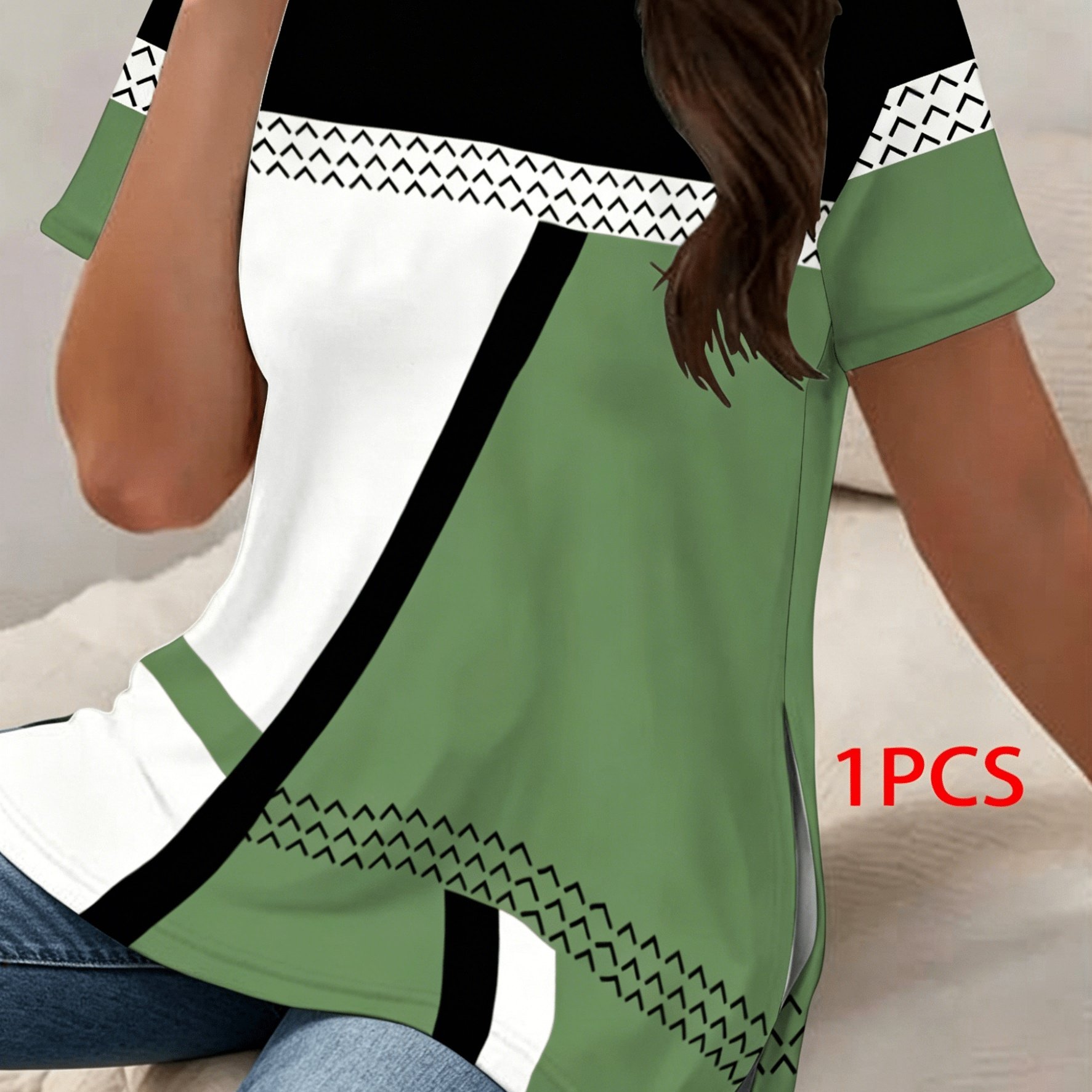 TEMU T-shirt 1 pièce, Haut uniquement, T-shirt imprimé à empiècements géométriques de couleurs contrastées, Haut décontracté à manches courtes et