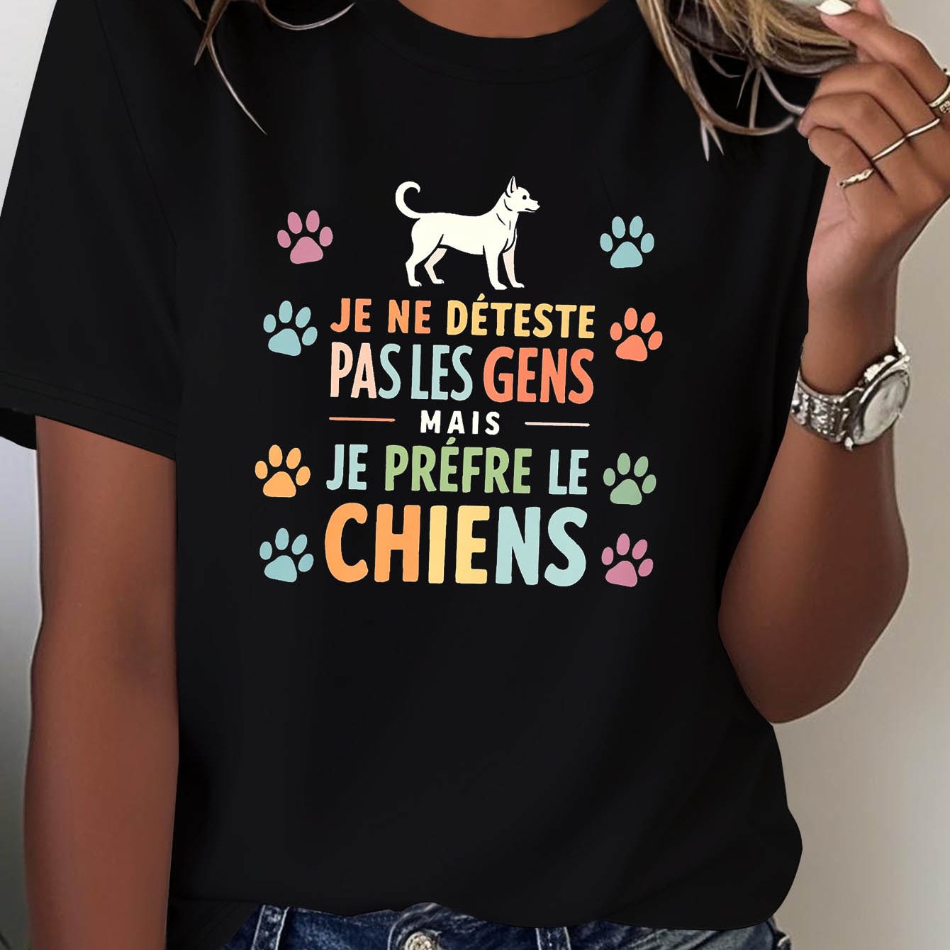 TEMU Grande Taille - Grande Taille - Je n'aime pas , mais les chiens. Français "JE NE DÉTESTE PAS MAIS JE PRÉFÈRE LES CHIENS" Associé à un adorable