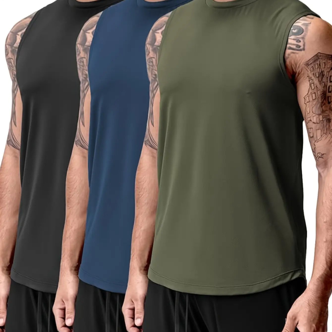 TEMU 3pcs Men's Athletic Tank Tops Quick Dry Breathable Sleeveless Fitness T-shirts Polyester Soft Fabric Regular Crewneck Sleeveless Tops For Gym