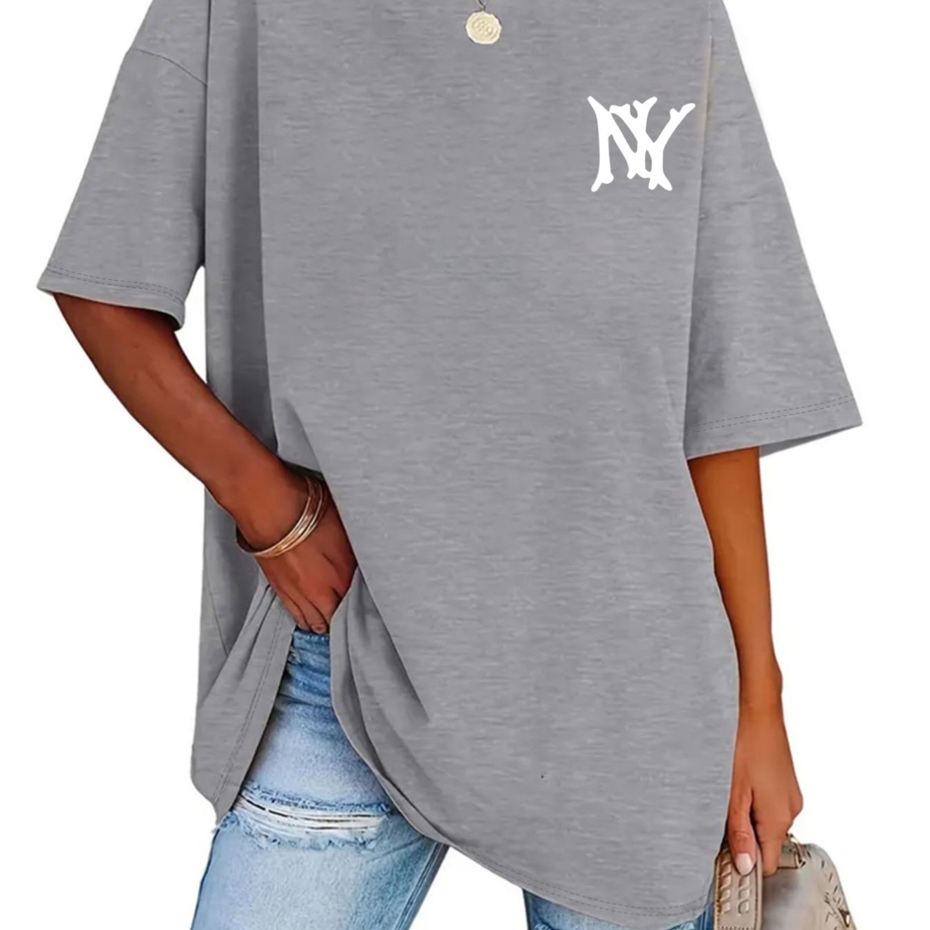 Image of Plus Size - Trendy Spring And Summer T-shirt In Large Sizes With A Stylish Ny Letter Print, Suitable For Wear In Large Sizes For Women