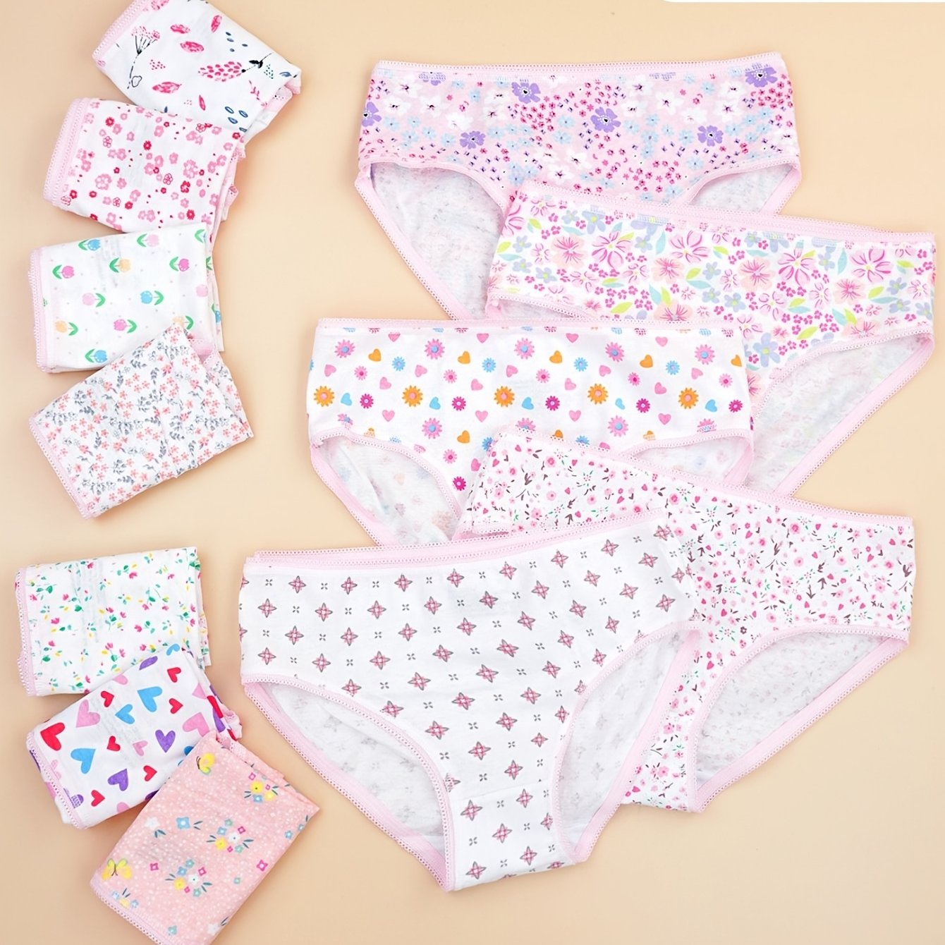 TEMU MOD ชุดเซ็ตกางเกงในลายดอกไม้สำหรับเด็กผู้หญิง 6 ชิ้น - กางเกงในเนื้อนุ่มใส่สบาย ลายหัวใจและจุดสีพาสเทล (ชมพู, เขียว, เหลือง) ใส่ได้ทุกฤดูกาล