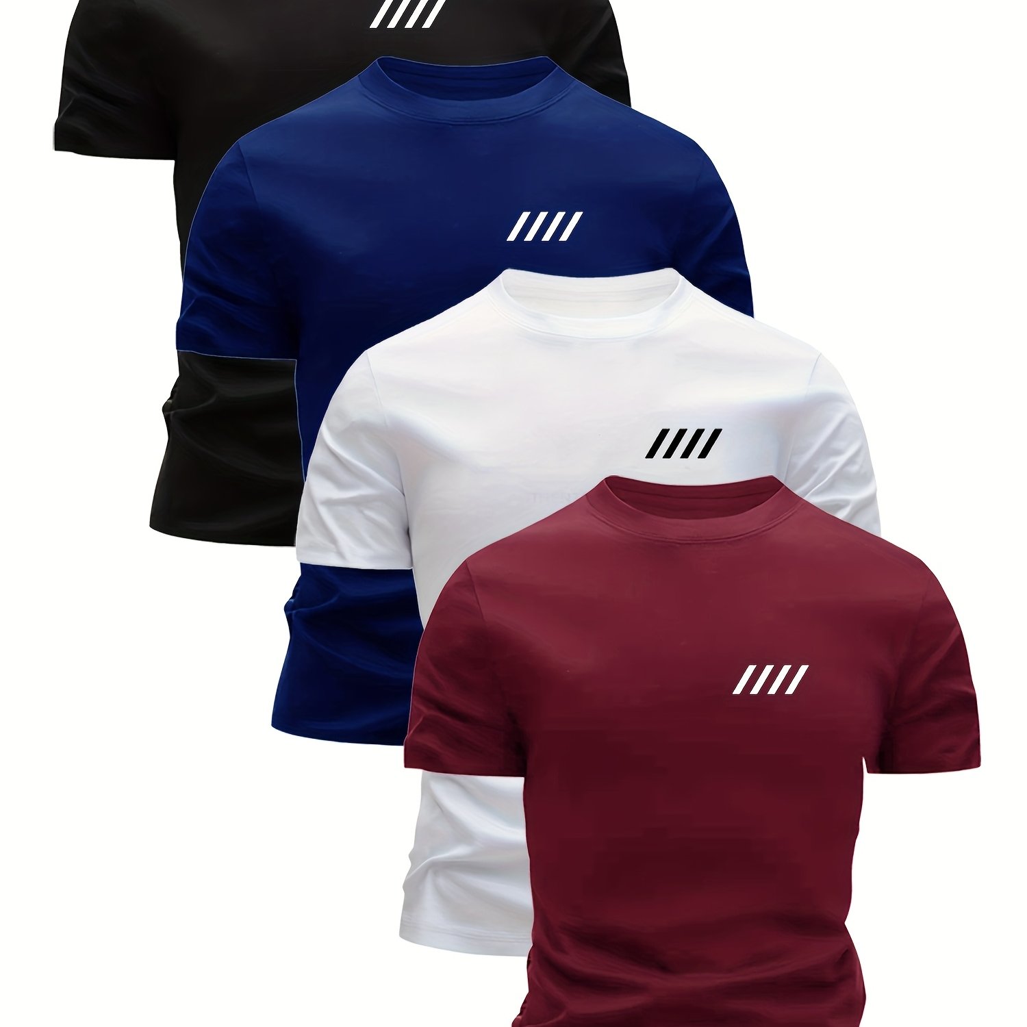 E-shop Zufälliges 4-teiliges Marineblau Weinrot Druck Diagonal Schlitz Muster Kurzarm Herren Ultra-Leichtes Rundhals T-Shirt - Schnelltrocknend,