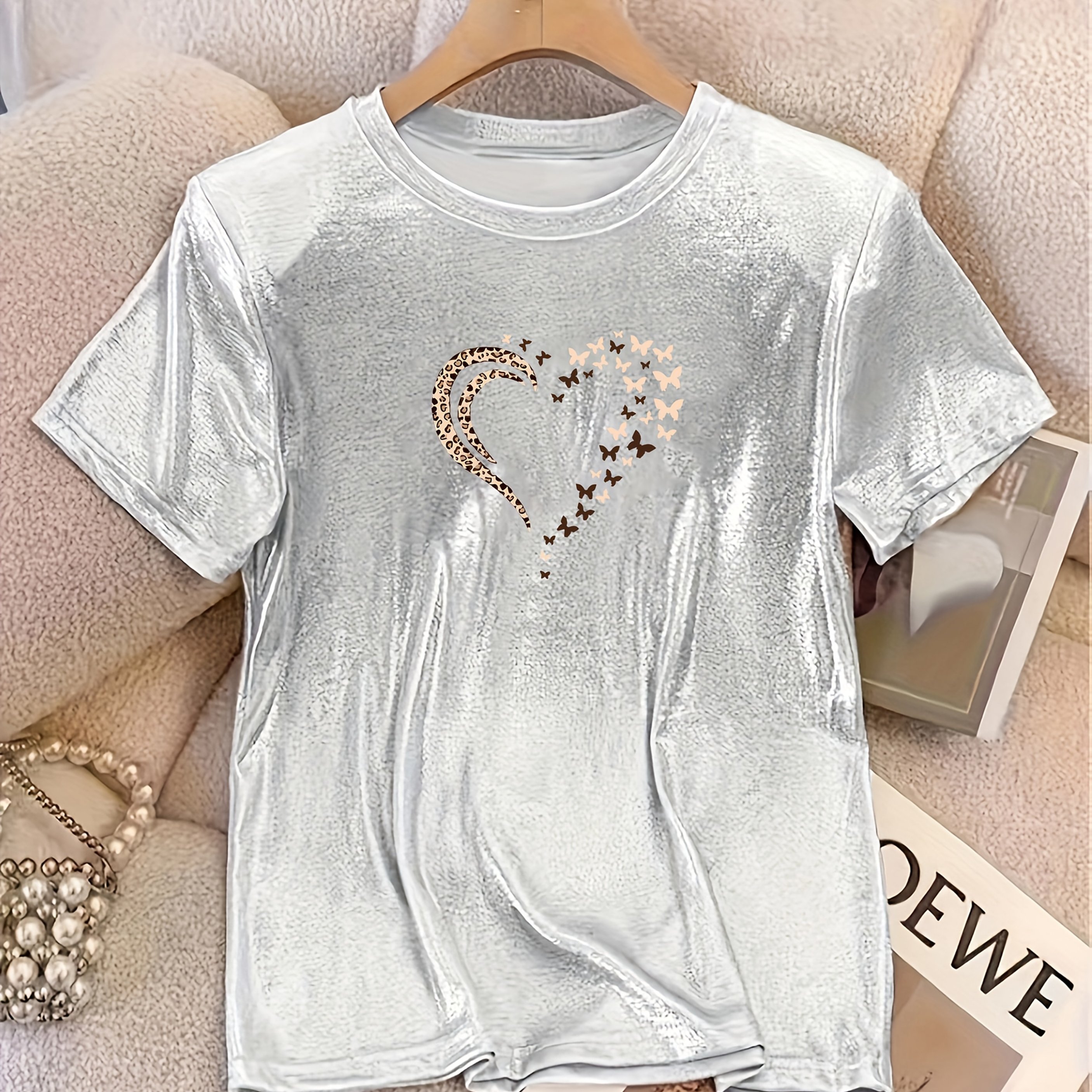 TEMU Champagne Leopard Heart Graphic Sparkle Princess T-shirt For Women - Casual Round Neck