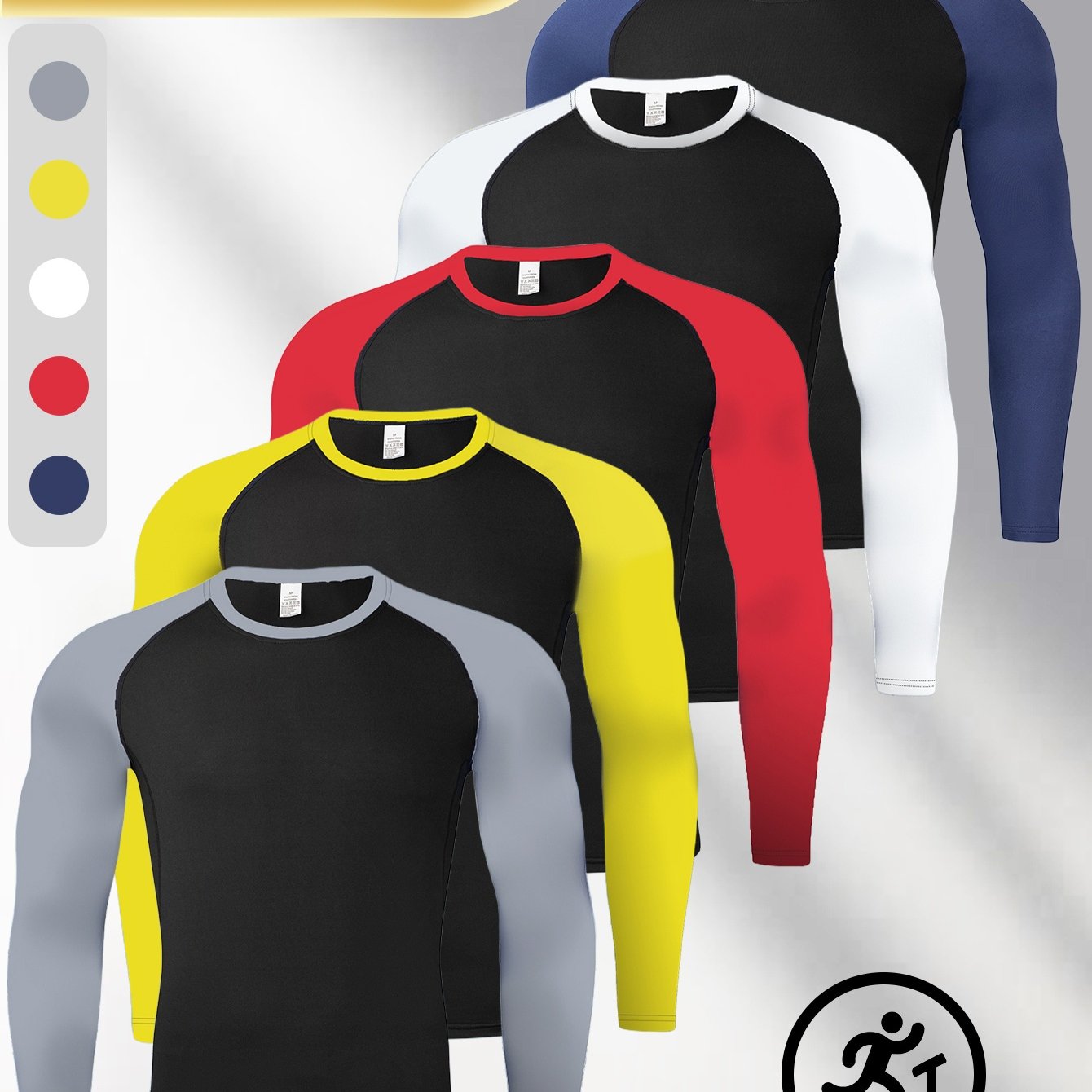 5pcs Men's Color Long Sleeved Sportswear - Breathable, Fast Drying, High , Comfortable Round Neck Bra | Color Design | Close Fitting, Suitable For Running, Basketball, Gym And Casual Wear Gym Shirts