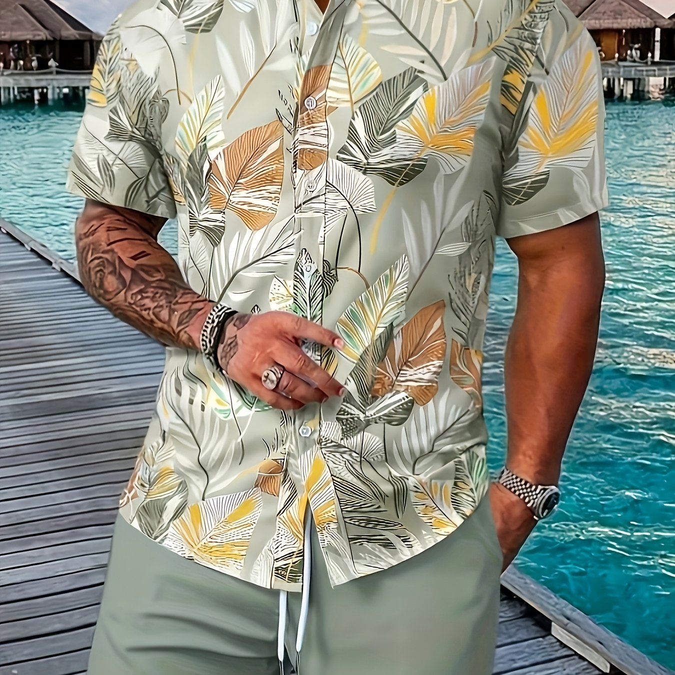 TEMU 2pcs Men's Heat Transfer Print Collared Casual Shirt And Drawstring Shorts Set