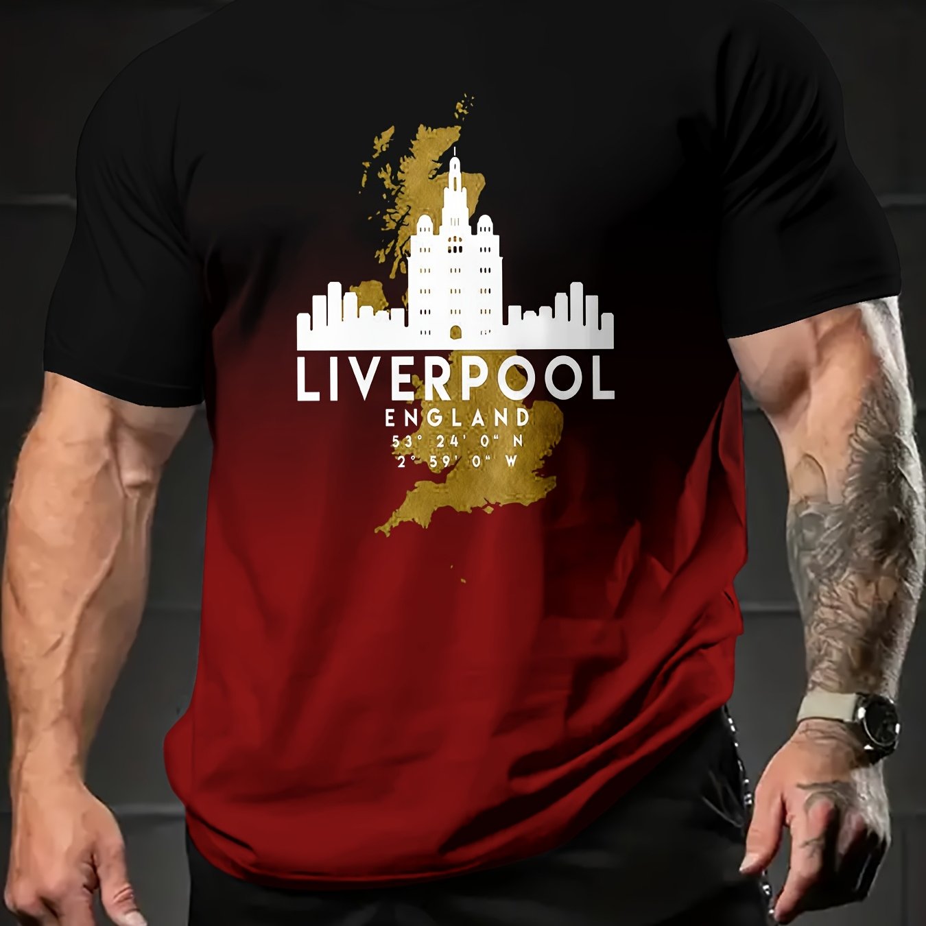 TEMU Printed Design - Not Textured / 2d Printing" Black And Red Gradient Print T-shirt For Men, England City Streetwear Brand Casual Short-sleeve Top