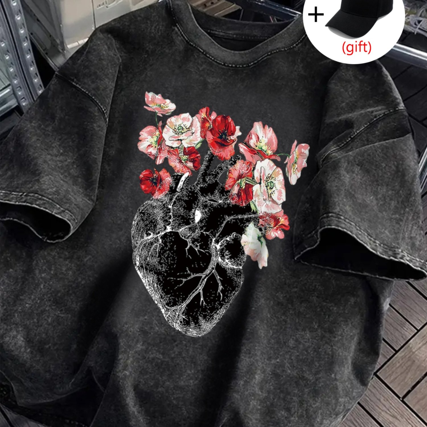 Image of Women's Vintage- & Floral Print T-shirt | Casual Crew Neck, Short Sleeve, Washed Black With Flowers, Summer Fashion Top, Casual Summer Wear, Vintage Style Top, Washed Texture