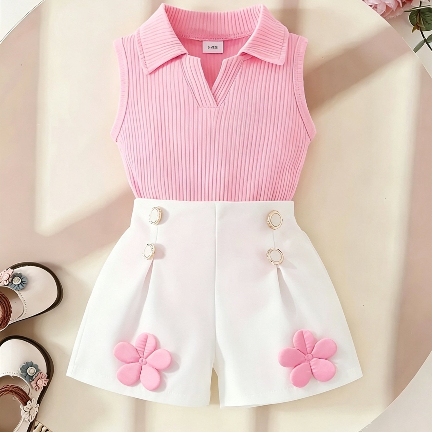 Image of 2pcs Summer Toddler Girls' Collar Sleeveless Solid Color Top + Floral White Shorts Fashionable Outdoor Outfit Set, For Outdoor