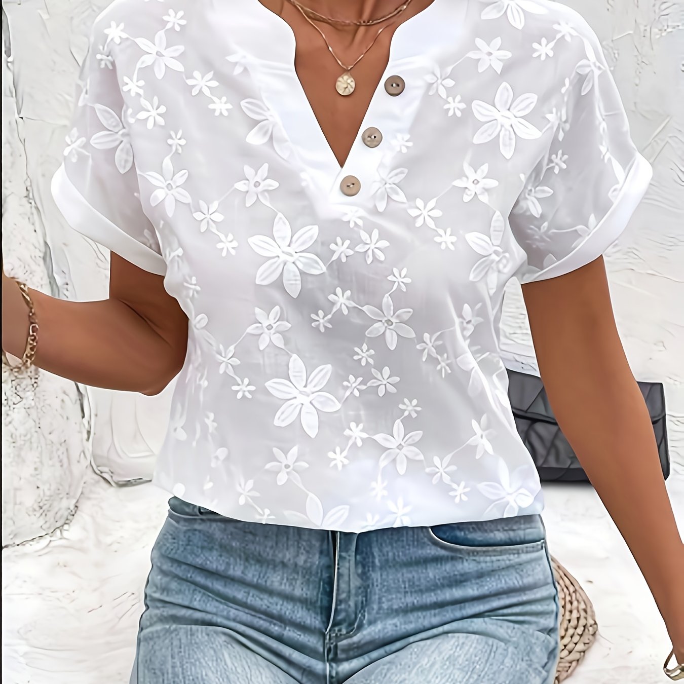 TEMU Women's Summer Floral Print Notched V-neck Batwing Sleeve Loose White Shirt Top