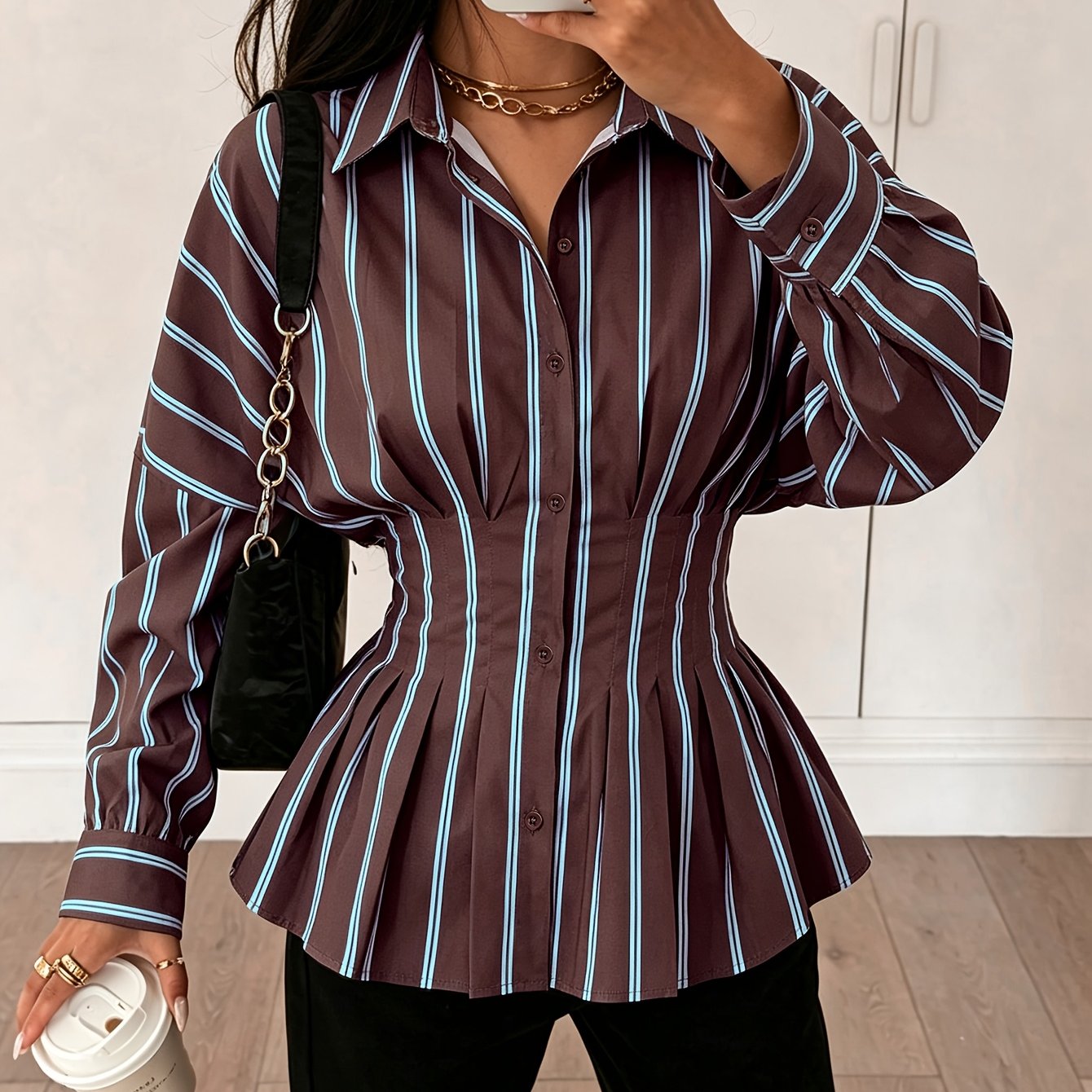 TEMU Women's Brown And Blue Vertical Striped Waist-cinching Shirt With Lapel Collar, Button-front, Long Sleeves - Vintage Commuter Versatile Blouse