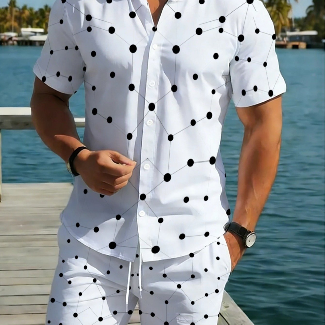 TEMU Men' Polka Dot Short-sleeve Shirt And Pants, Lightweight, Casual Summer Attire Suitable For Vacations, Poolside, Or Outdoor Activities, With A