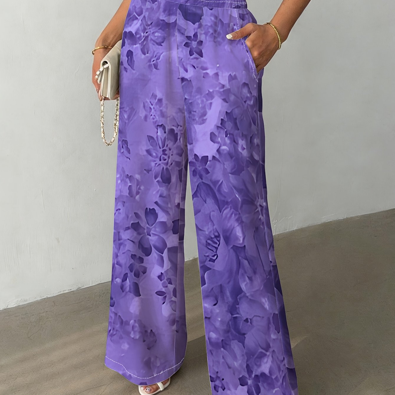 TEMU Women's Purple Floral Print Straight-leg Pants. Stylish And Comfortable, Perfect For Casual , , Office Wear And Parties.