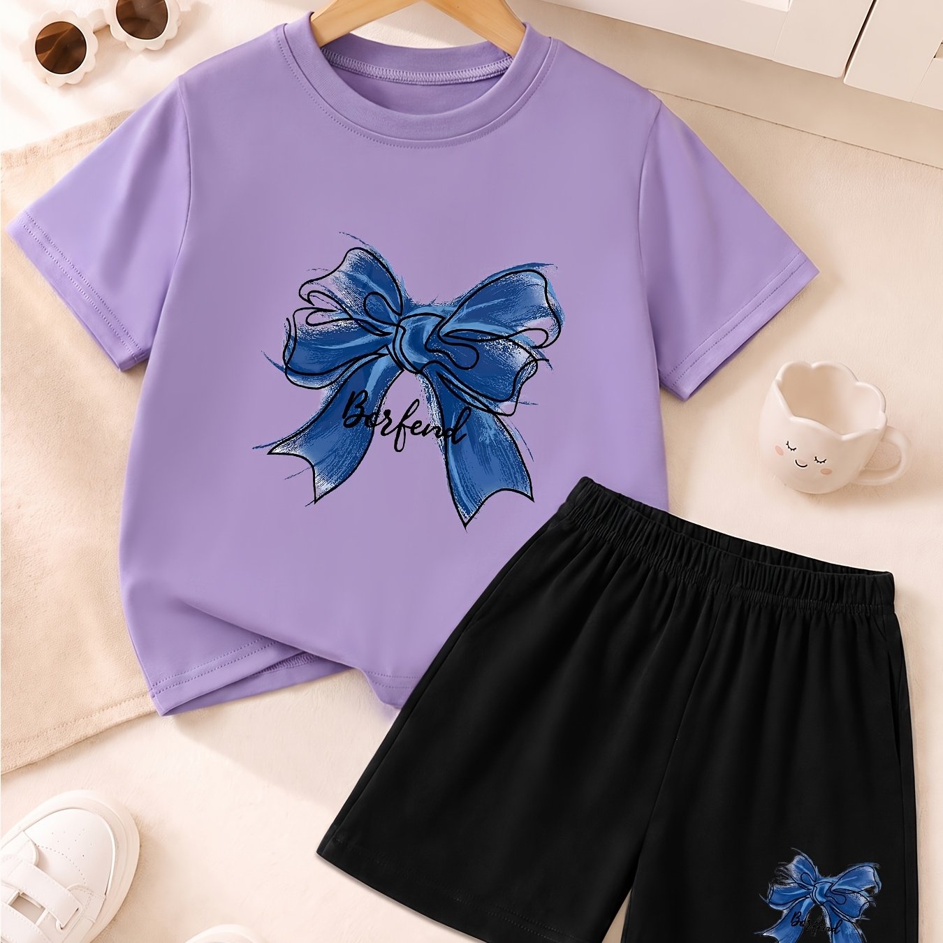 Image of Girls' New T-shirt And Shorts Set, Cute Watercolor Bow Hand-painted Art Print, Comfortable Outdoor Children's Clothing Gift, Perfect For Outdoor