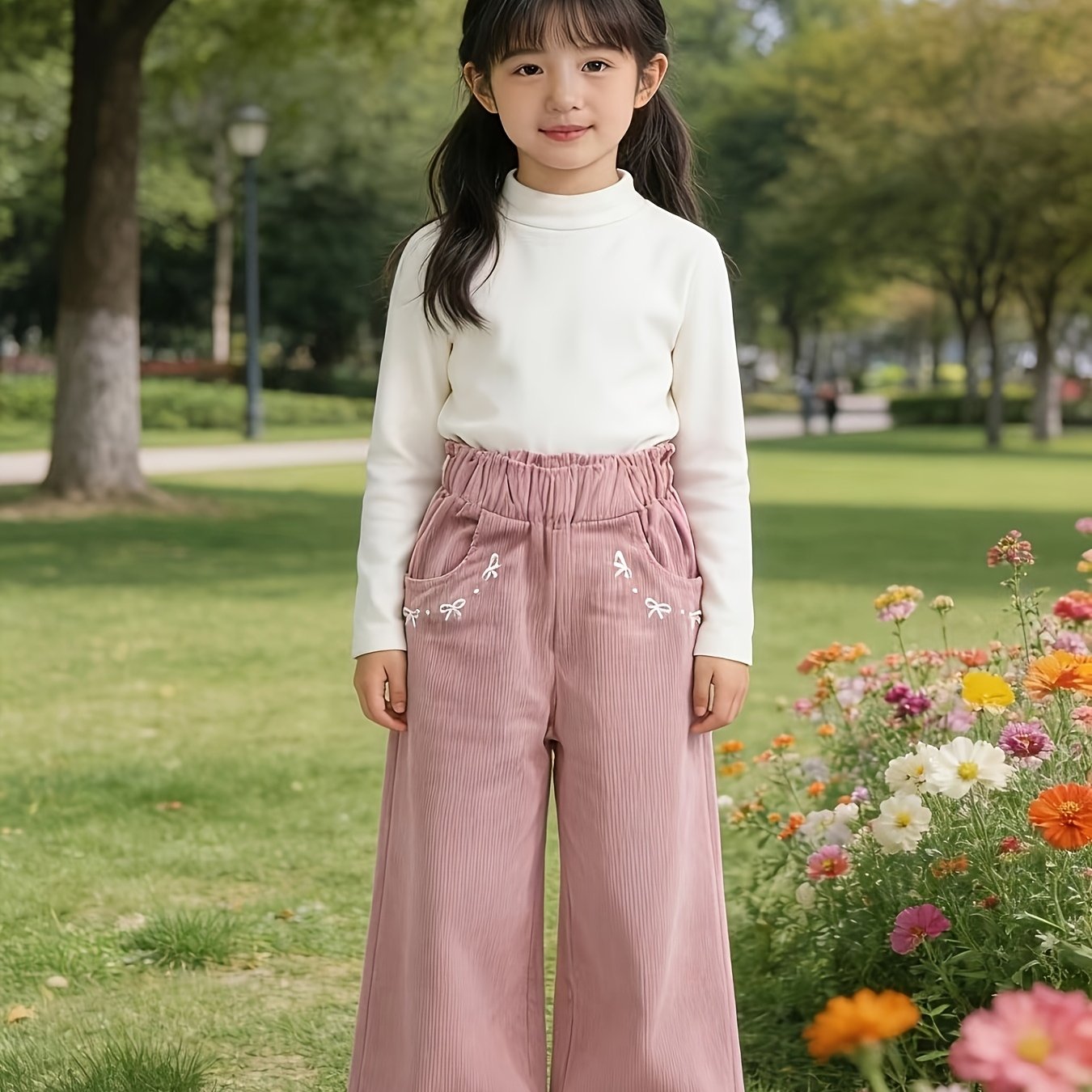 Image of Girls Embroidery Wide Leg Pants Casual Trousers Spring Autumn Fashion Flowy Pants