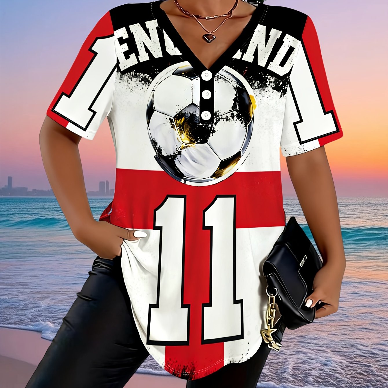 TEMU Plus Size Women's Summer V-neck T-shirt With Three-button Design, Featuring An England 11 Football Print. A Casual And Comfortable Is