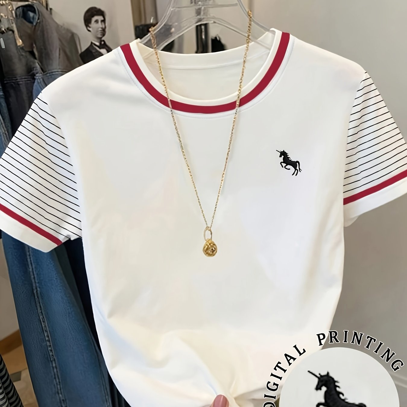 TEMU Retro Striped Short Sleeve T-shirt For Women, Summer Loose Casual Round Neck Embroidered Top