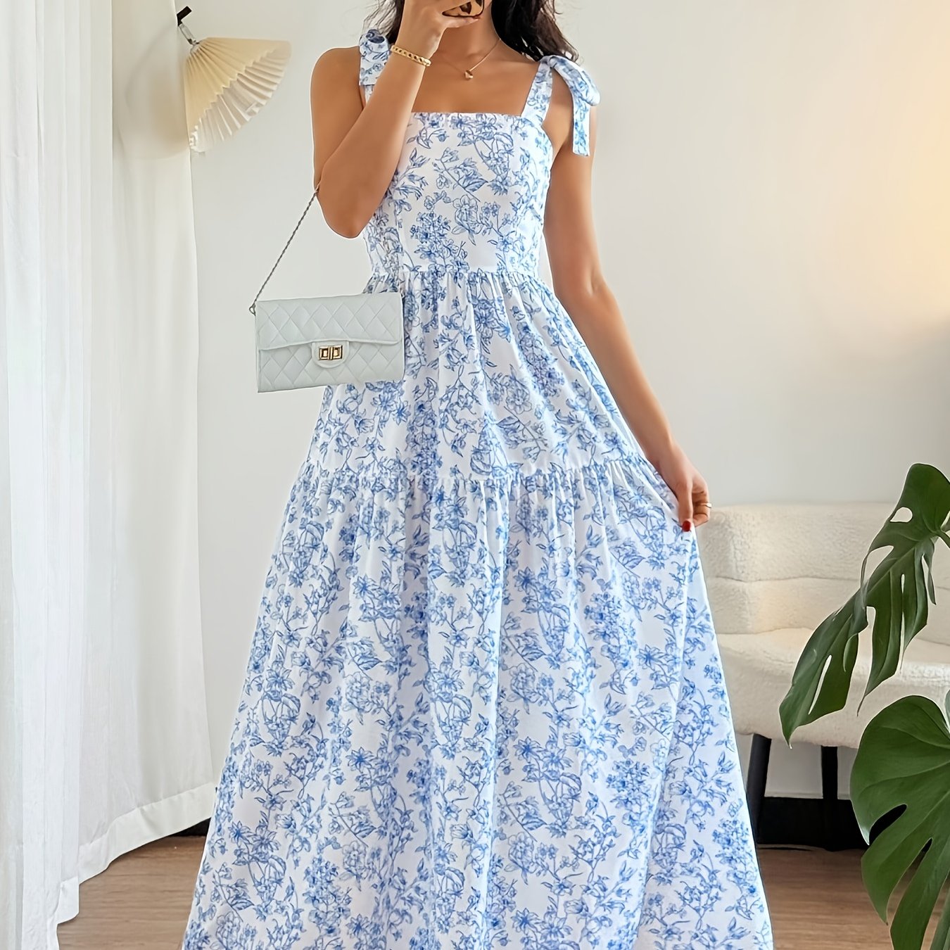 Elegant Floral Print Sleeveless Summer Blue Vacation Dress 220