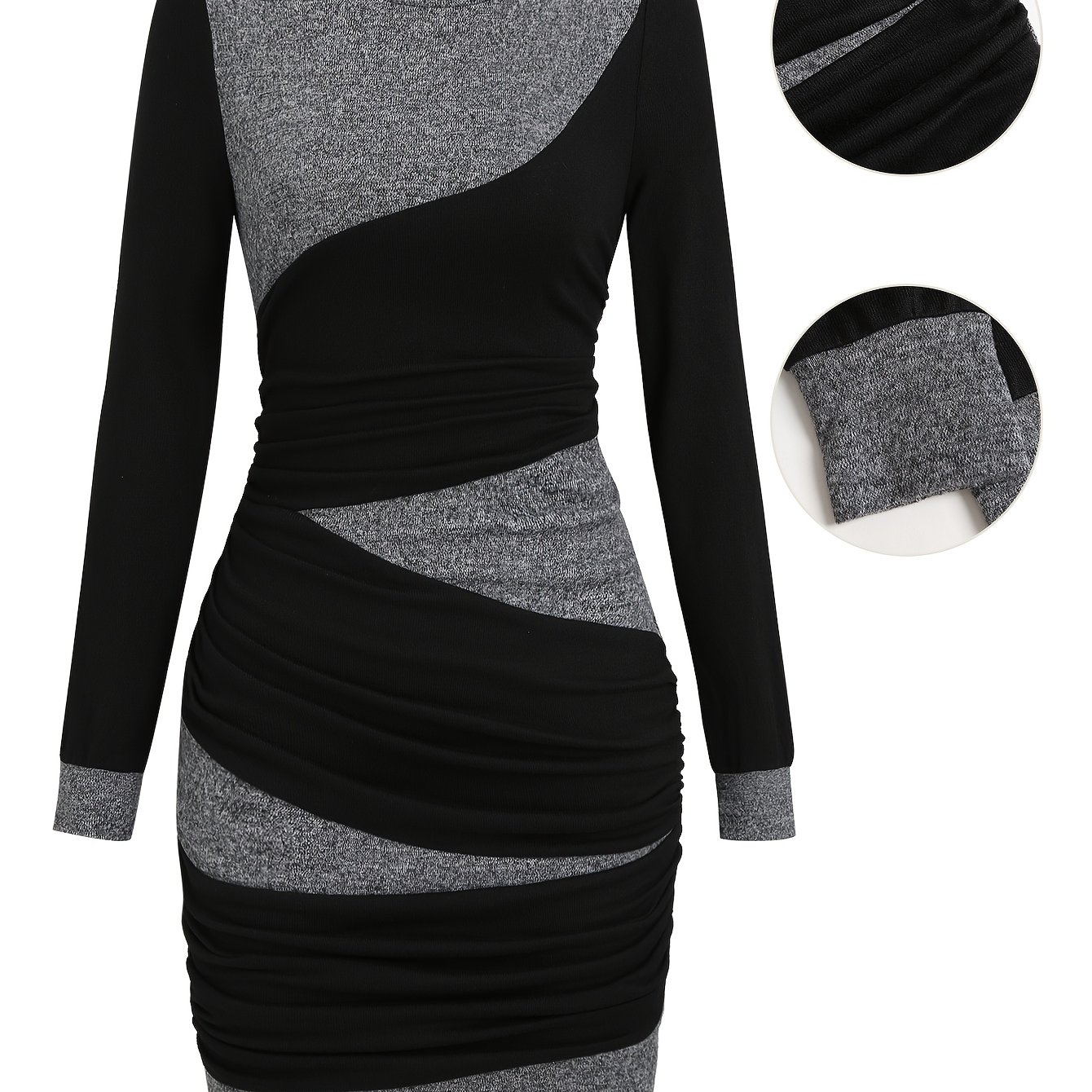 TEMU Women's Casual Diagonal Color-block Ruched Long Sleeve Dress With Side And Contrast Color Block Long Sleeve Mini Skirt