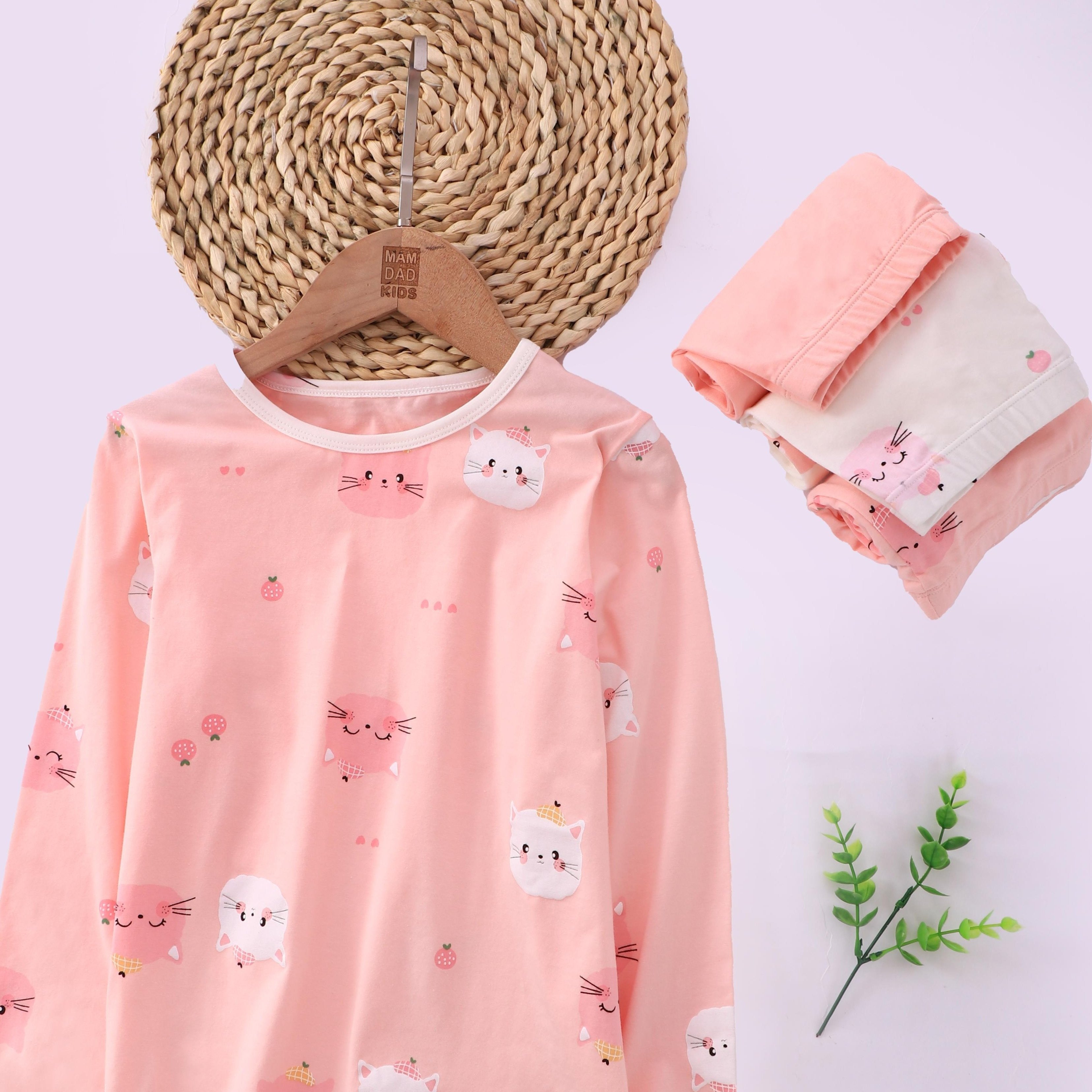 Girls' Pink Cat Print 2pcs Set: Top + Pants, Autumn/winter Base Layer For , Birthday Gift, Holiday, Christmas, Halloween Gift