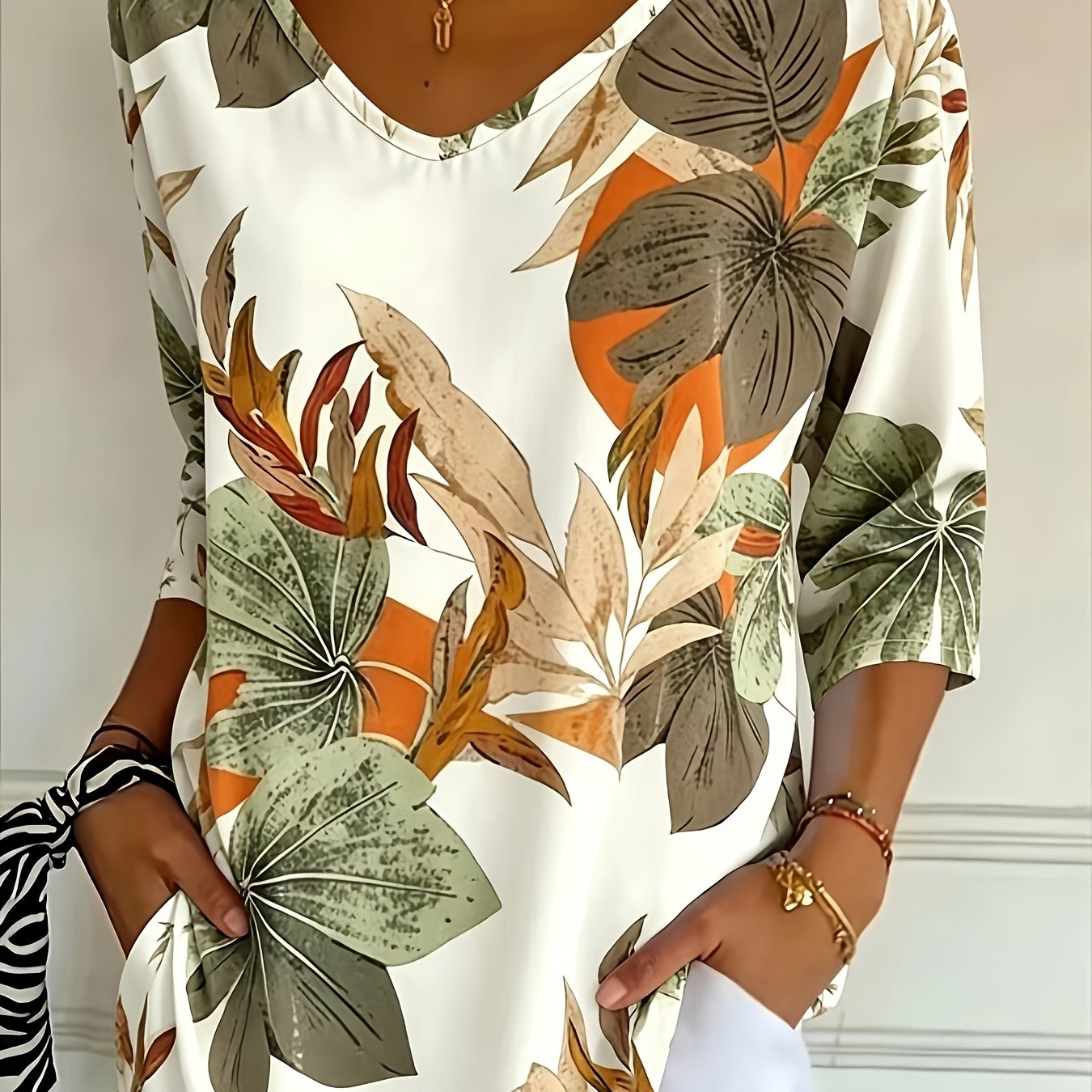 TEMU European And Fashion Holiday Women's Regular Fit Floral -quarter Sleeve V-neck Top