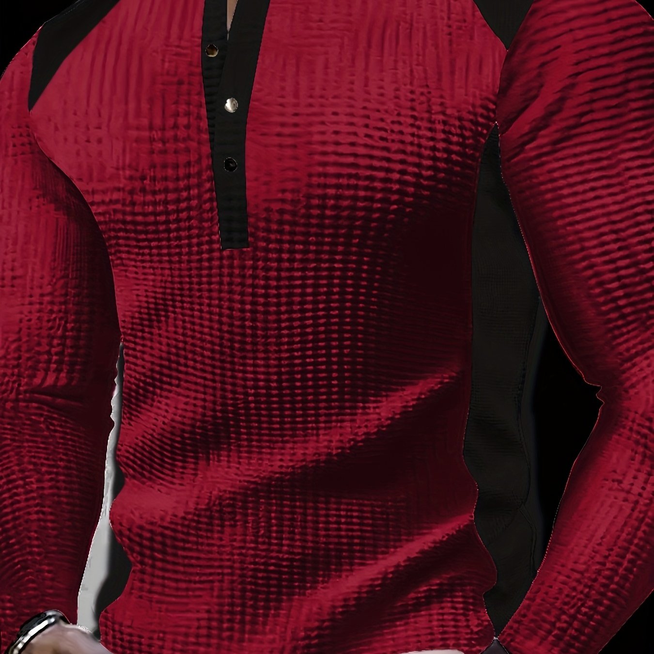 TEMU 1pc Men's Fashion Casual Business Long Sleeve Henley Shirt | -block Large Waffle Check Jacquard Henley Collar T-shirt | Essential For Golf And |