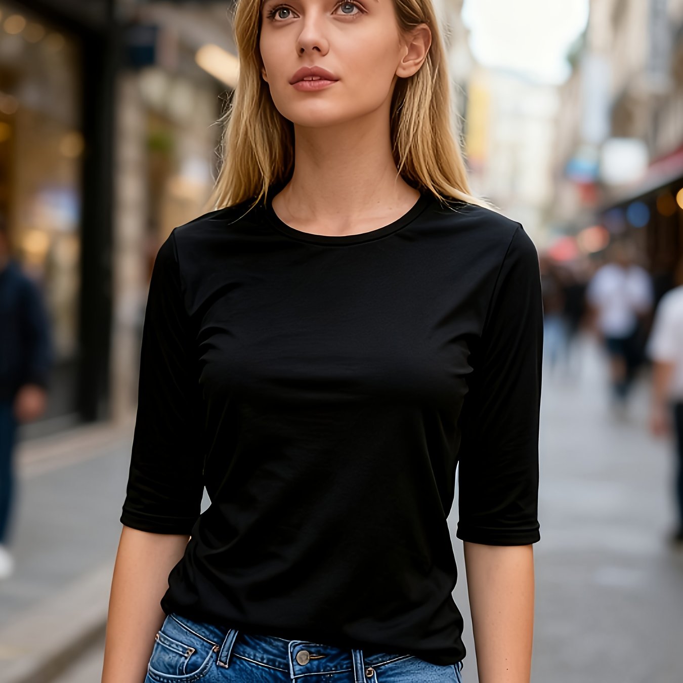 E-shop Damen Slim Fit High Elastic Kurzarm T-Shirt, atmungsaktiv und bequem, geeignet für Freizeitkleidung, Basic Uni Farbe Casual Rundhals Top für